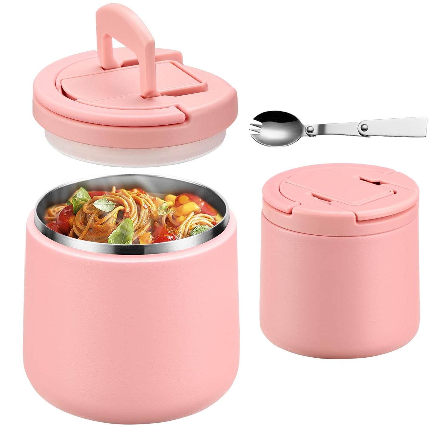 20oz Insulated Vacuum Food Jar with Buckle Lid,Soup Thermo for Hot Food Kids,Wide Mouth Leakproof Stainless Steel Lunch Container with Spoon-Pink