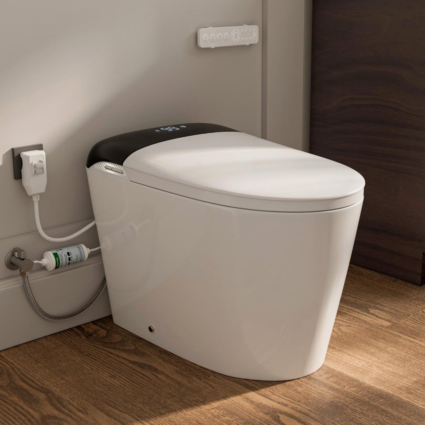 LOS FLEXI E5D Smart Toilet with Bidet, Built-In Water Tank, Battery Backup Flush, Foot Kick Flush, Instant Warm Water, Heated Seat, Warm Air Dryer, Night Light, Side Panel Control & Remote, ETL Plug