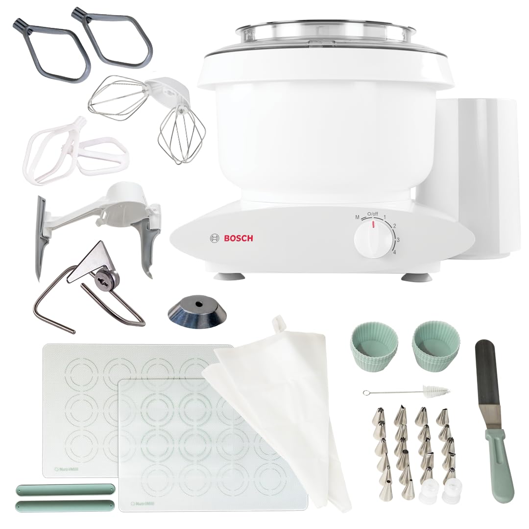 Bosch Universal Plus Stand Mixer with NutriMill Baker's Pack Accessory Bundle including Bowl Scraper, Cookie, and Cake Paddles