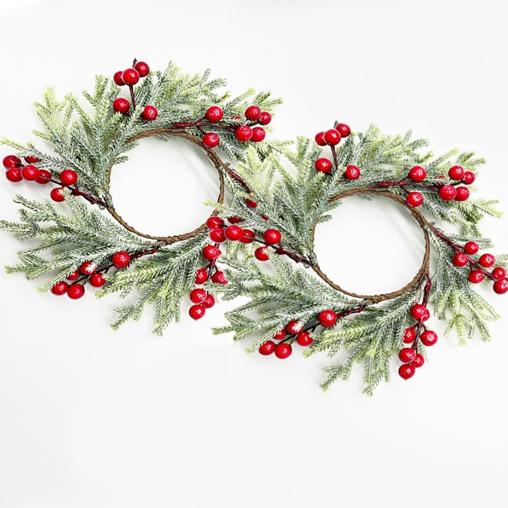 Skiennix 2-Piece Christmas Wreath Candle Rings - Artificial Cedar & Cypress with Red Berries for Holiday Table Decor
