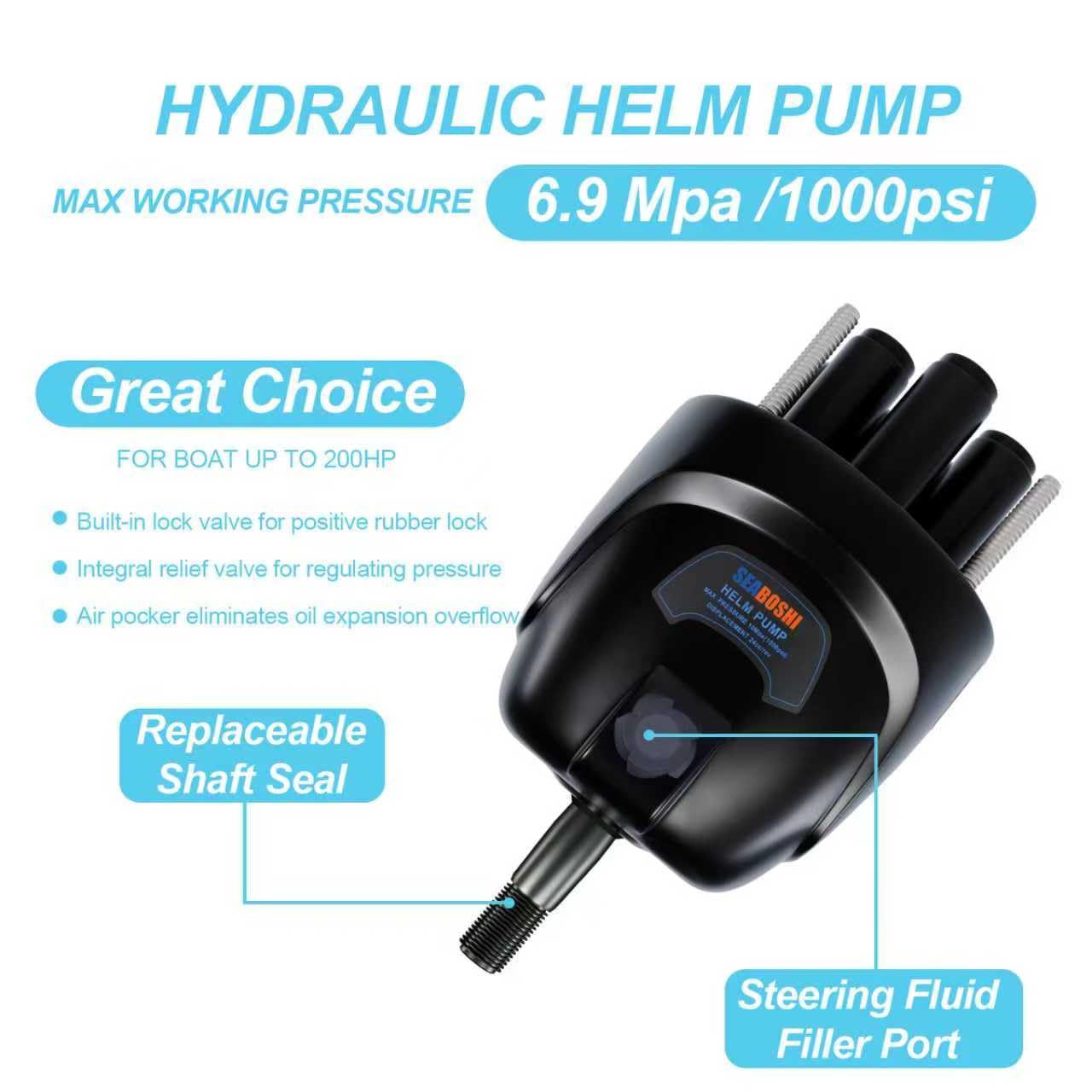 SEABOSHI Outboard 200HP Hydraulic Steering Kit,Hydraulic Steering for Boats,Boat Steering System with Hydraulic Cylinder,Helm Pump and Tubing