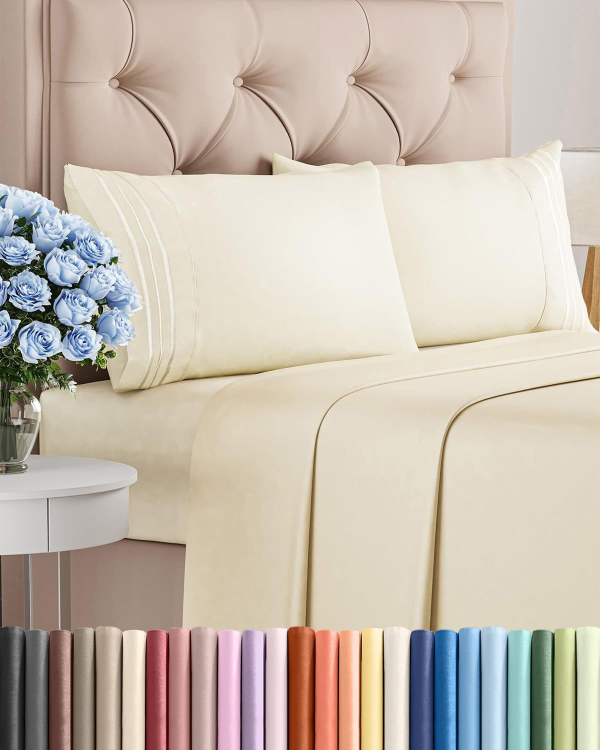Skiennix Full Size 4-Piece Sheet Set - Ultra-Soft Cooling Bed Sheets - Deep Pockets, Wrinkle-Free, Off White