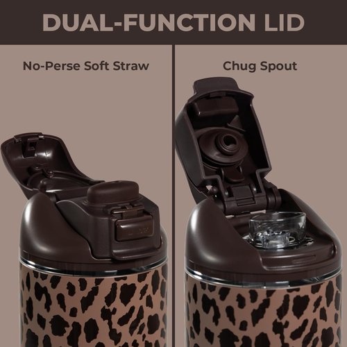 HydroJug 32oz Stainless Steel Water Bottle - Straw & Chug Lid, Vented Cap, Non-Slip Base | Brown Leopard