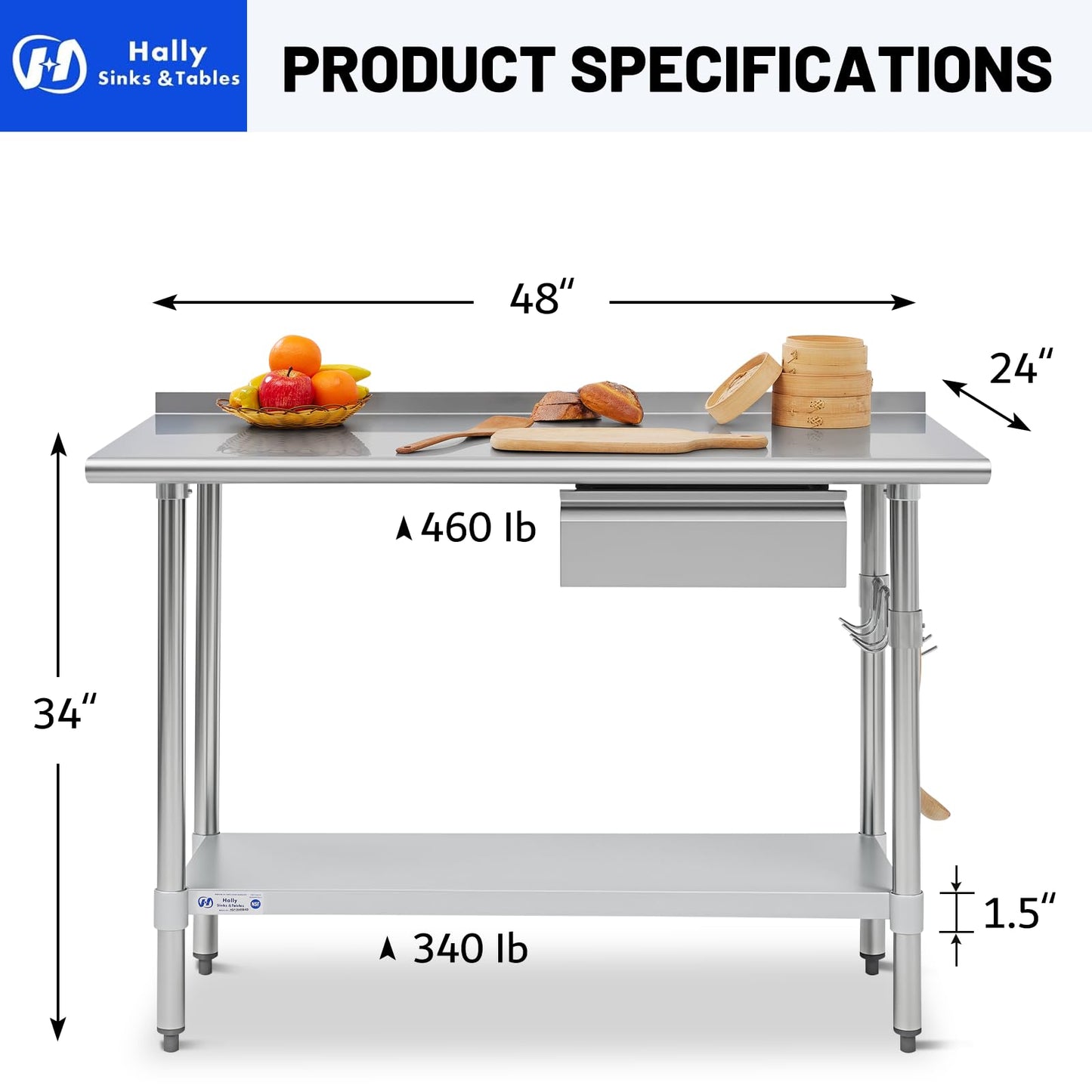 Hally Stainless Steel Prep Table 24 x 48 Inch with Backsplash, NSF Certified Commercial Work Table with Drawer, Removable Stainless Steel Pan, Undershelf and Side Hook for Restaurant, Home, Garage
