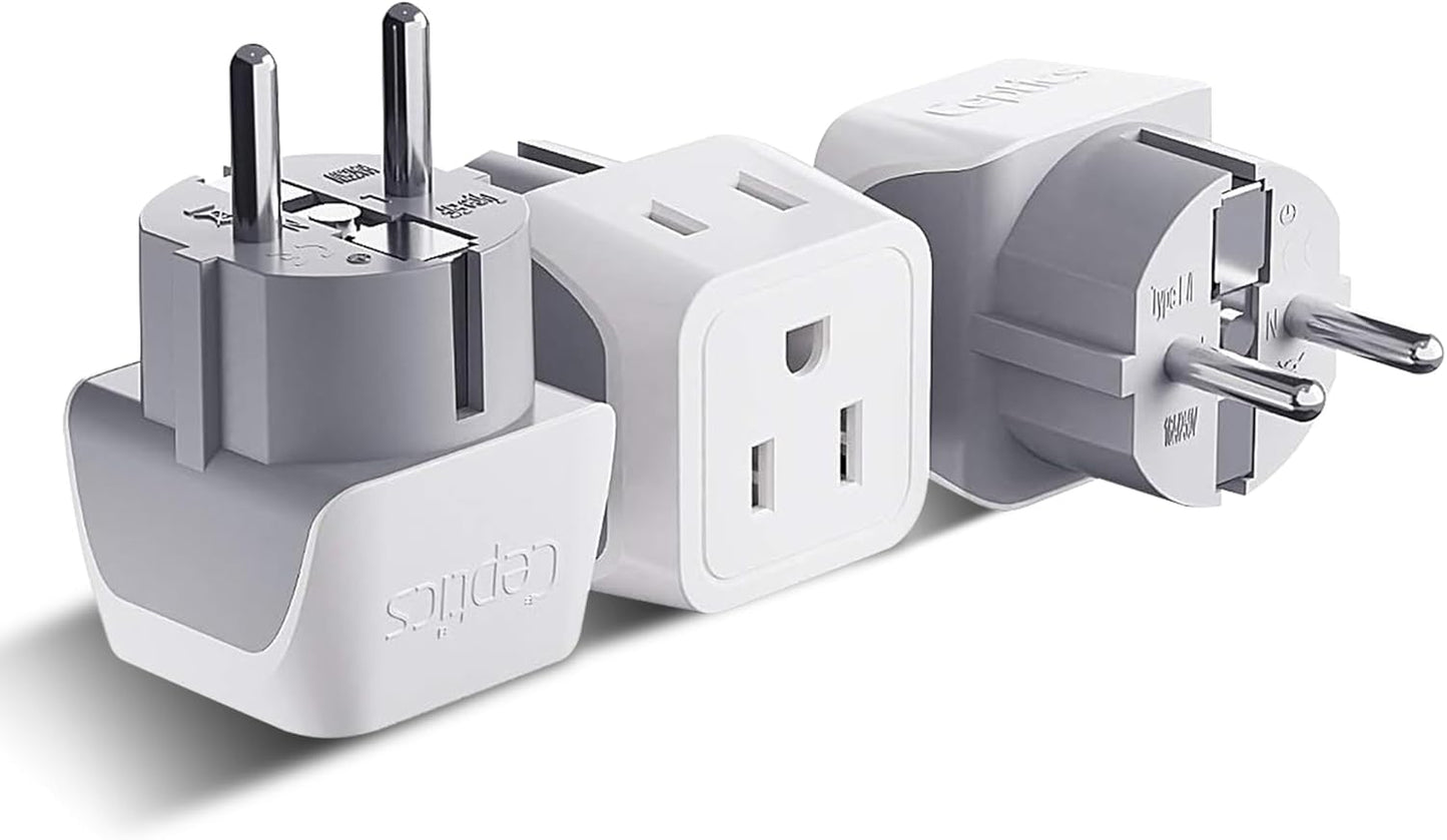 Ceptics (3 Pack) Schuko Germany, France Plug Adapter, Dual Input - Ultra Compact Light Weight - Usa to Russia, South