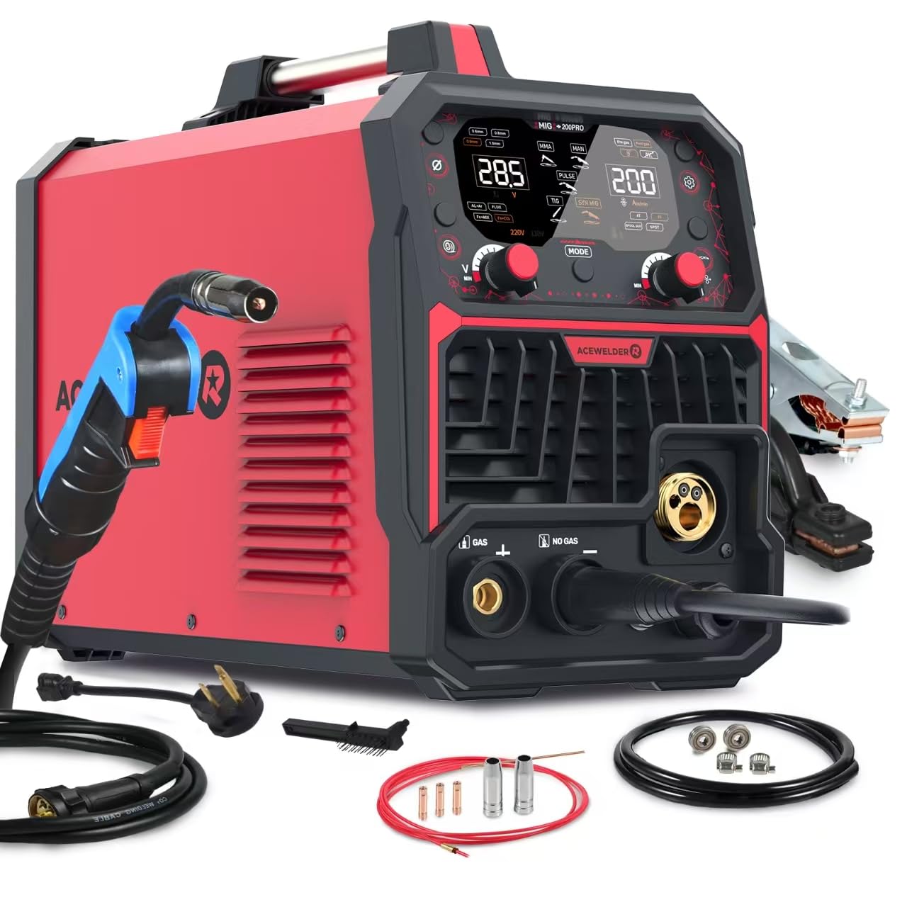 ACEWELDER Aluminum MIG Welder with Pulse 200A 7 in 1 Gas MIG/Pulse MIG/Gasless Flux Core/Stick/Lift TIG/Spot Weld/Spool Gun Compatible 110V/220V Multiprocess Welding Machine