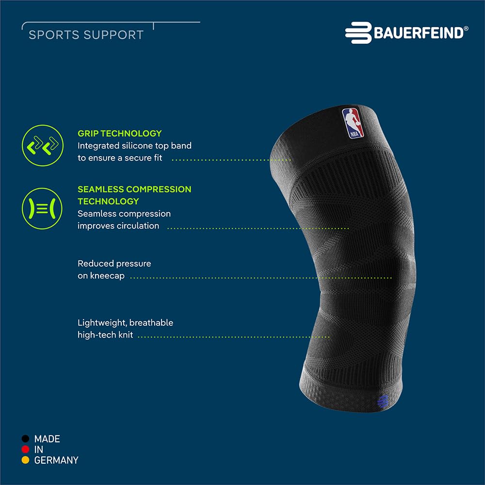 Bauerfeind Sports Compression Knee Support NBA - Lightweight Design with Gripping Zones for Basketball Knee Pain Relief & Performance with Team Designs (Black, L)