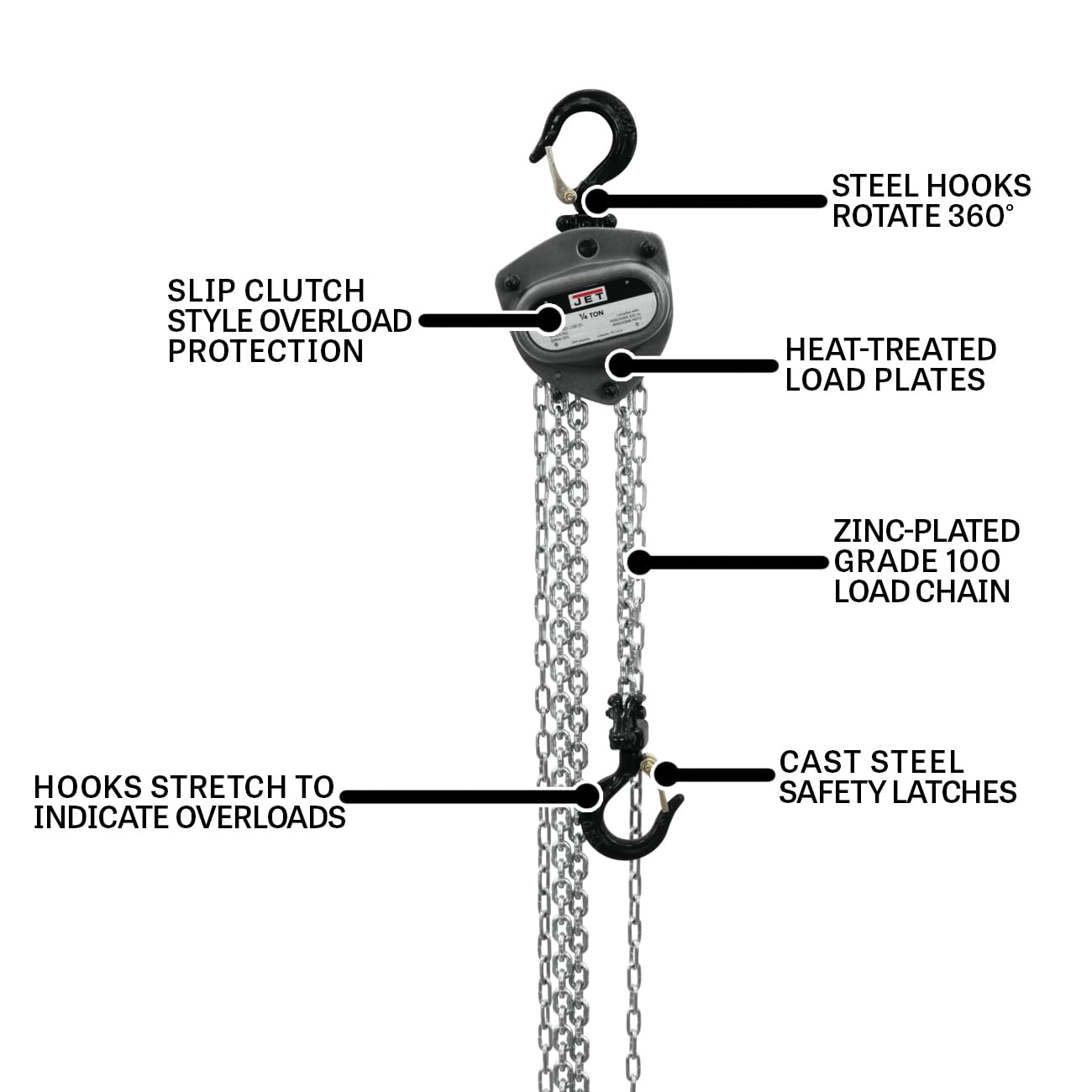 JET 1/4-Ton Hand Chain Hoist, 10' Lift, Overload Protection (L-100-250WO-10)