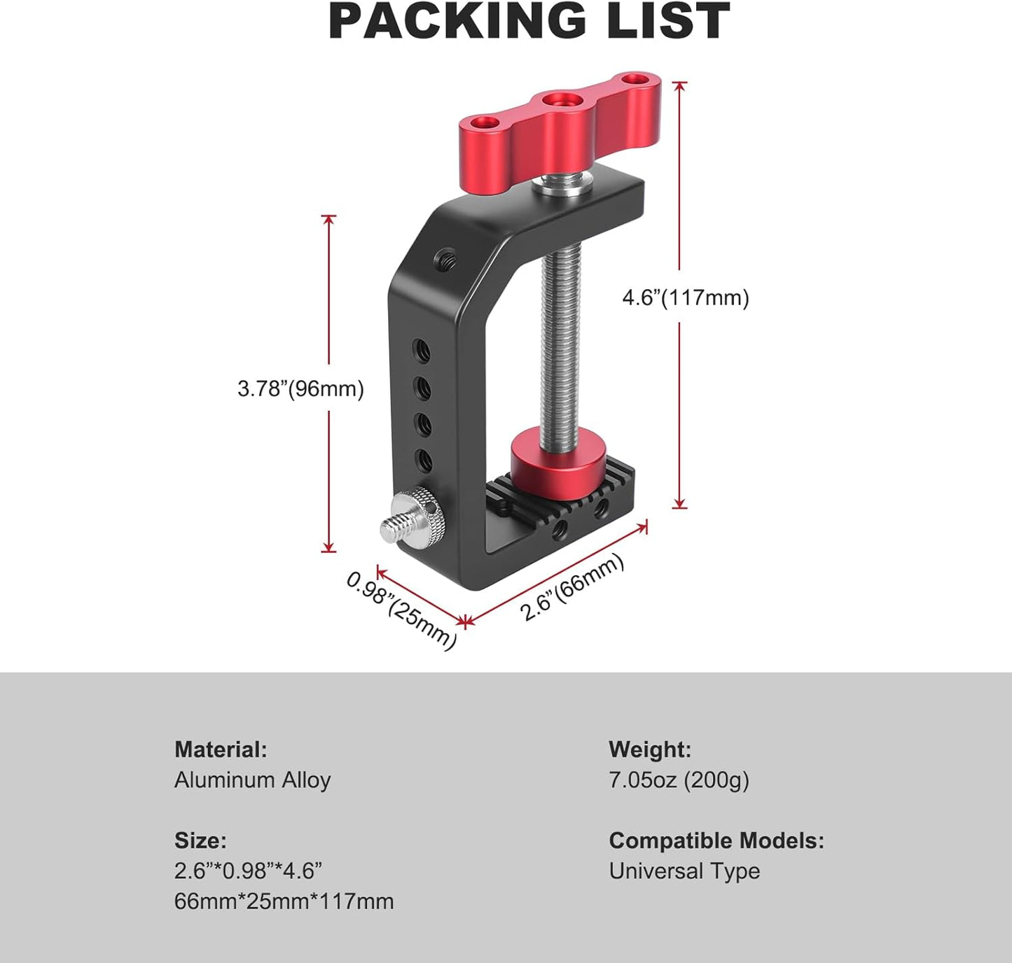 1/4" 3/8" 2.36" (62021) C Clamp Desk Camera Mount, Aluminum Table C-clamp with Thread, Desktop DSLR Mount for Photo