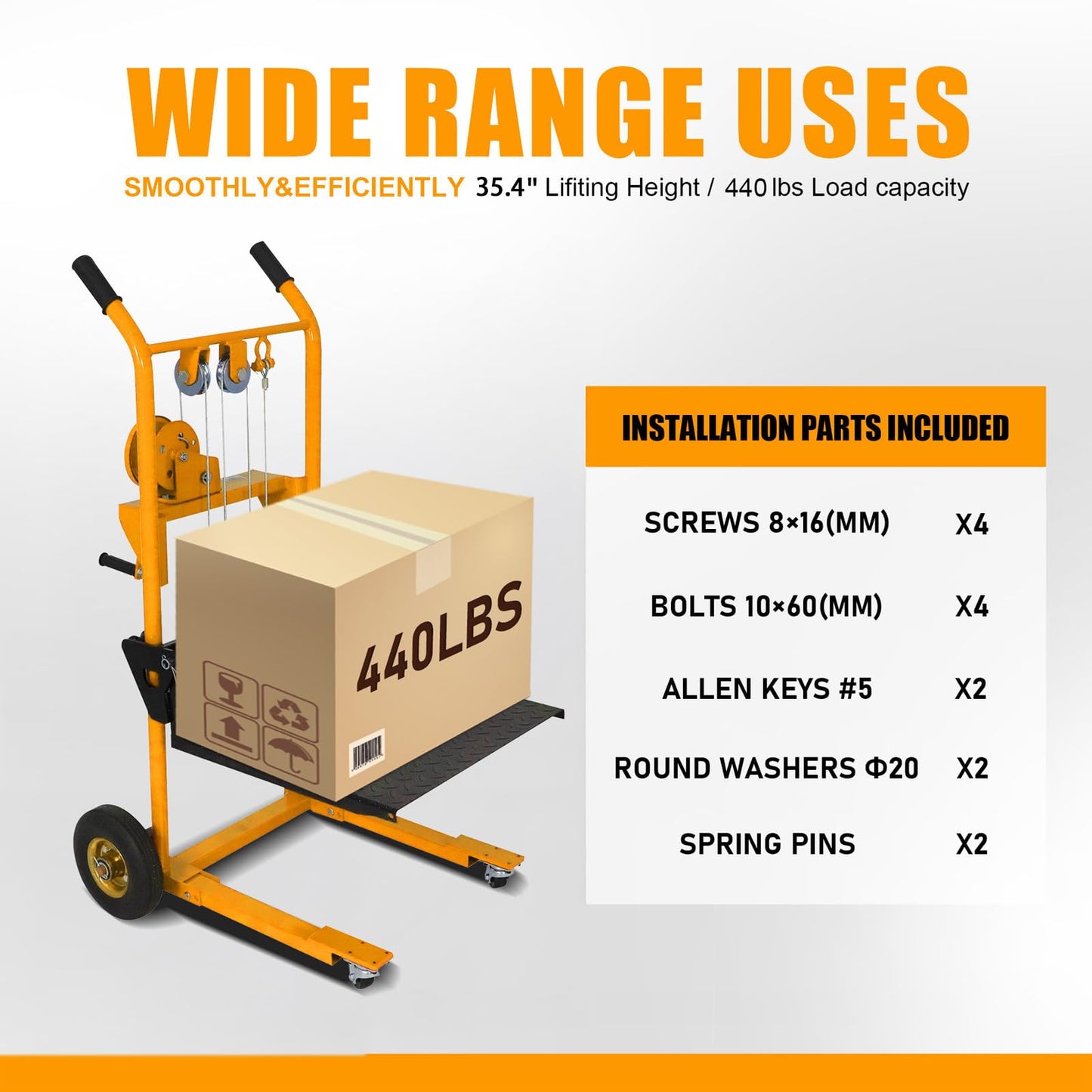Material Lift Winch Stacker, 440 lbs Capacity Table Cart, 35.4" Lifting Height Manual Forklift Stacker, Pallet Jack Truck Dolly with Swivel Casters and Lift Plate (Yellow)