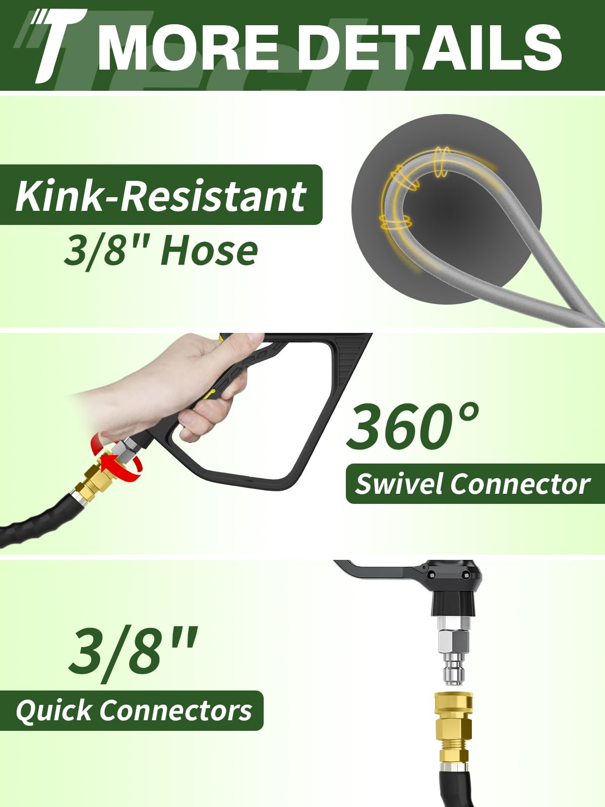 TechSweepPro 3/8" 4800PSI Pressure Washer Hose 100FT with Swivel Quick Connect for Cold/Hot Water Max 248°F, Kink Resistant Steel Wire Braided, Wear Resistant Power Washer Hose with M22 14mm Adapter