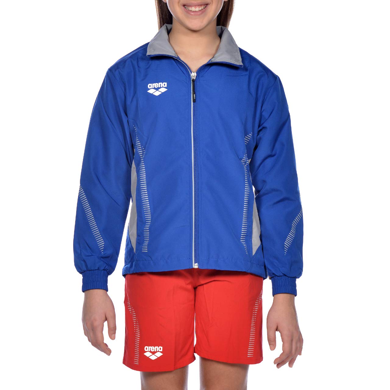 ARENA Kids Team Line Youth Warm Up Full Zip Jacket Lightweight Athletic Training Competitive Recreational Side Pockets Breathable Track Swimming Sports, Royal Blue/Gray, Size X-Large