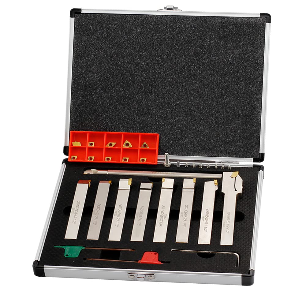 OSCARBIDE 1/2"Shank Nickel Plated Indexable Lathe Turning Tool Holder and Boring Bar 9 Pieces/Set,CNC Heavy-Duty Metal Lathe Cuting Tools for Turning Grooving Threading Cut Off
