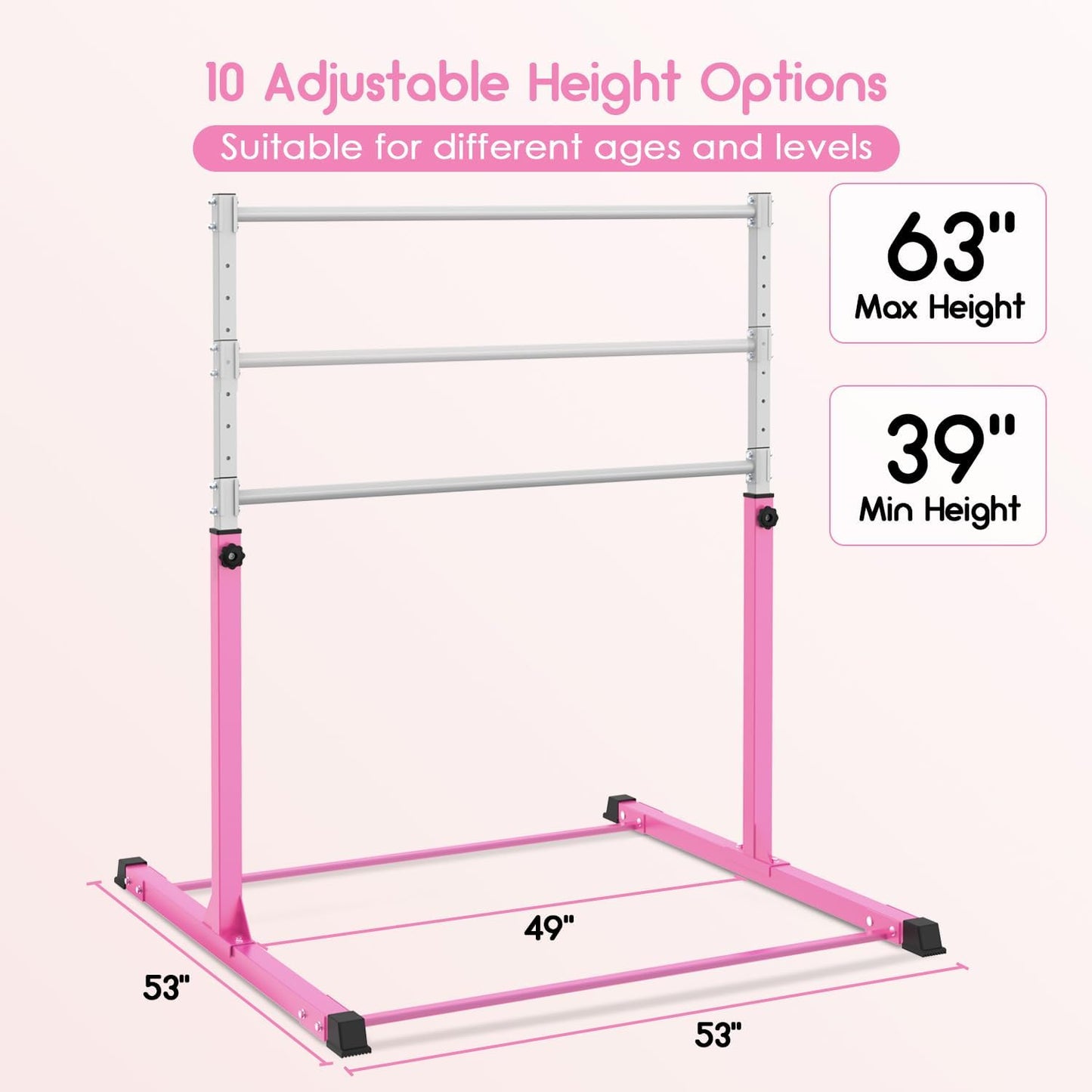 Safly Fun Gymnastics Bar for Kids Ages 3-15 | Sturdy Steel Home Gym, Adjustable Height (3 to 5 ft) with Anti-Slip Base, Easy Assembly