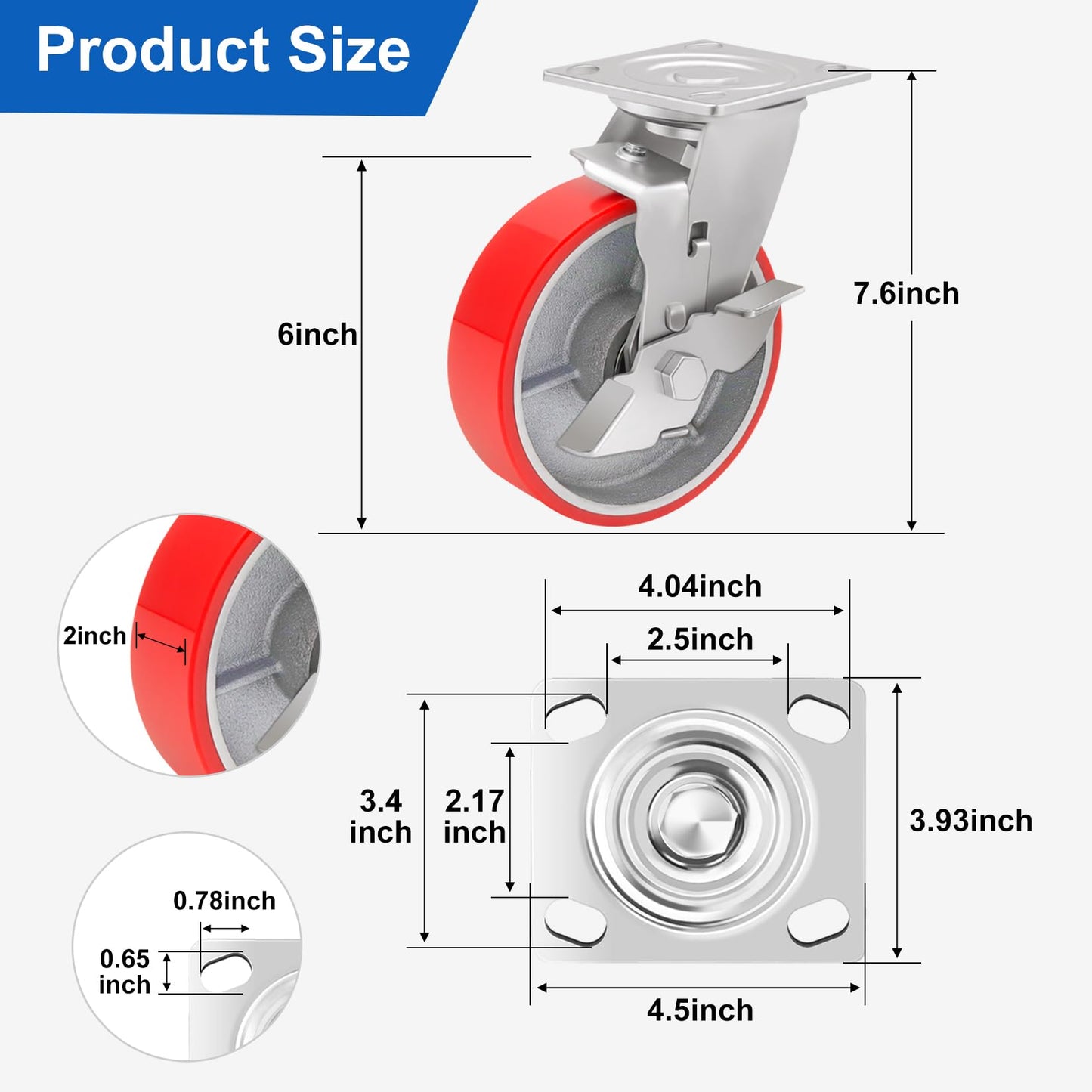 Nefish 6 Inch Industrial Casters Set of 4 Heavy Duty No Noise Polyurethane Wheel on Steel Hub, Workbench Casters with Brakes 4800 Lbs, Plate Swivel Casters for Toolbox Workbench (4 Swivel & Brakes)