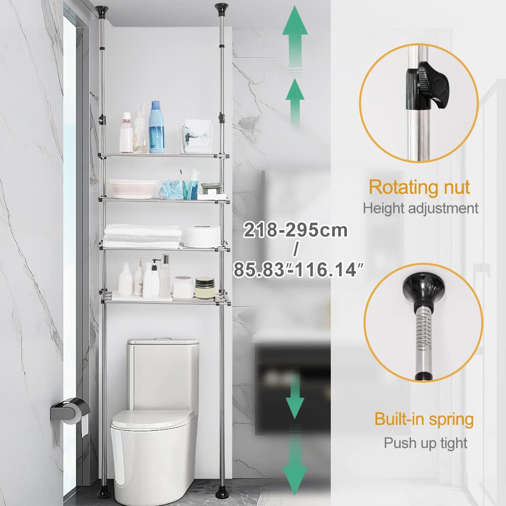 BAOYOUNI 4-Tier Expandable Laundry Shelf Over Toilet Washer Dryer Storage Rack Floor to Ceiling Bathroom Organizer Space Saver Tension Pole for Small Spaces, Black