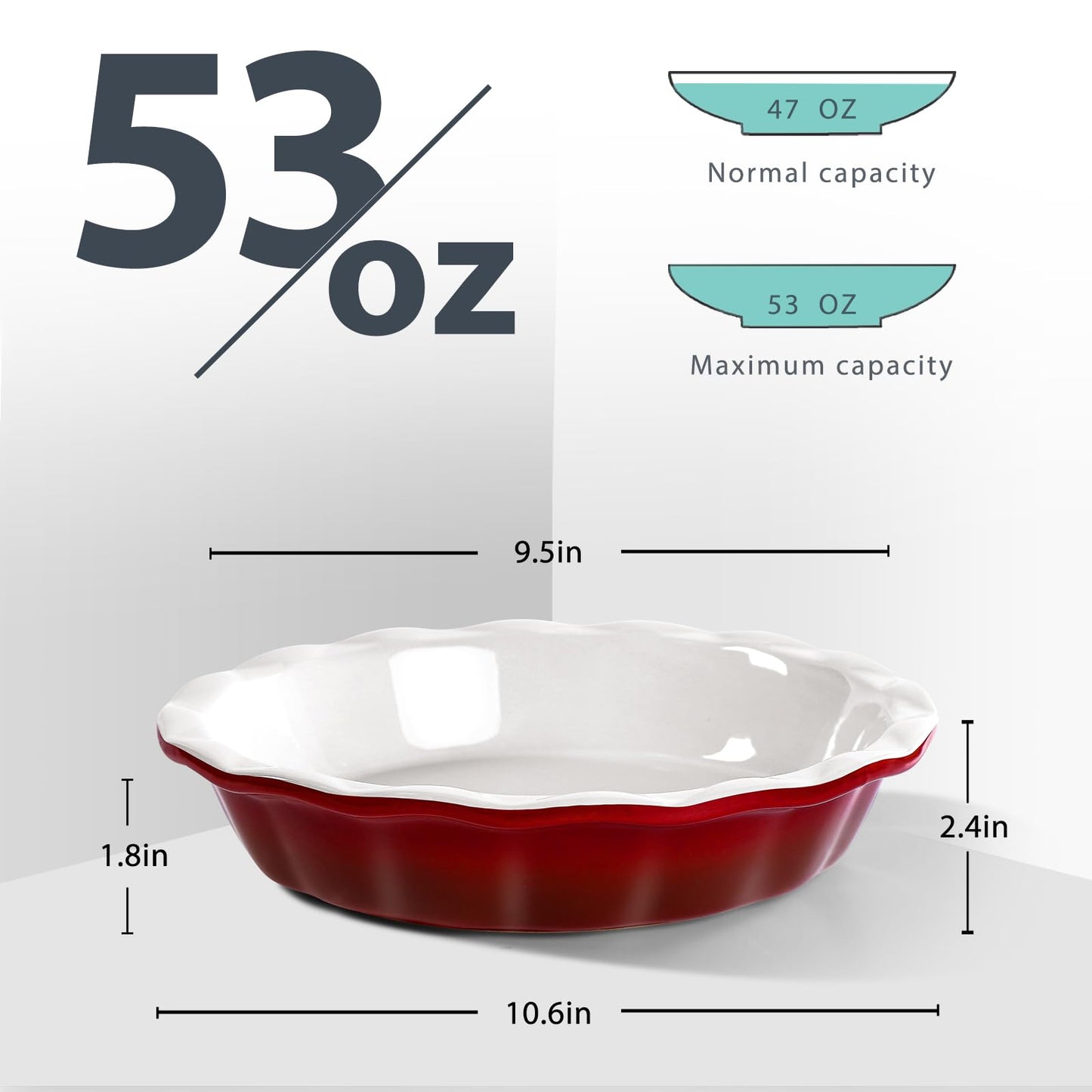 Lareina Deep Dish Pie Pan for Baking, 9 Inch Ceramic Fluted Pie Dish for Apple, Quiche, Pecan, Pot Pies, 53 Ounce Round Pie Plate, Set of 2, Red