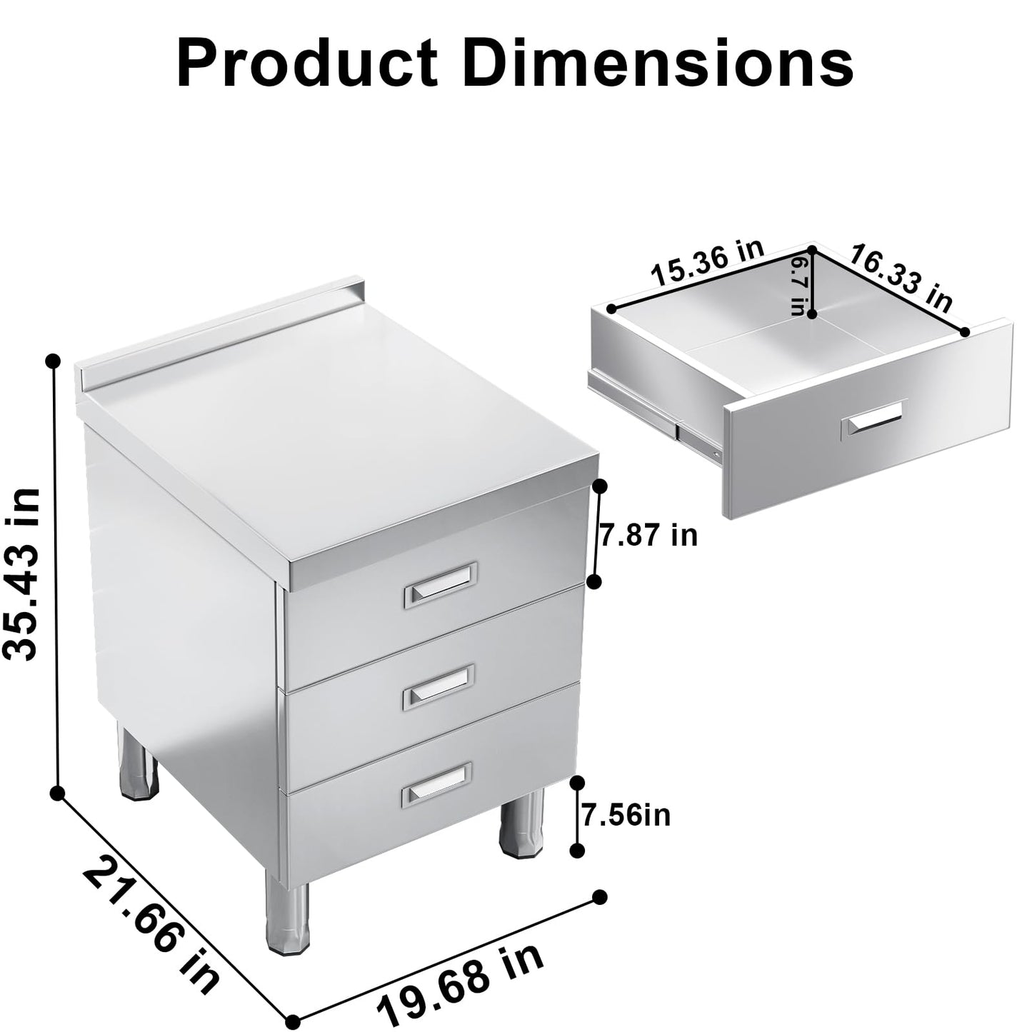 ZZV Stainless Steel Kitchen Cabinet Outdoor Kitchen Drawers with Handles Triple Access BBQ Drawers for Outdoor Garage Warehouse Restaurant, No Assembly Required, 21.66 x 19.68 x 35.43 in