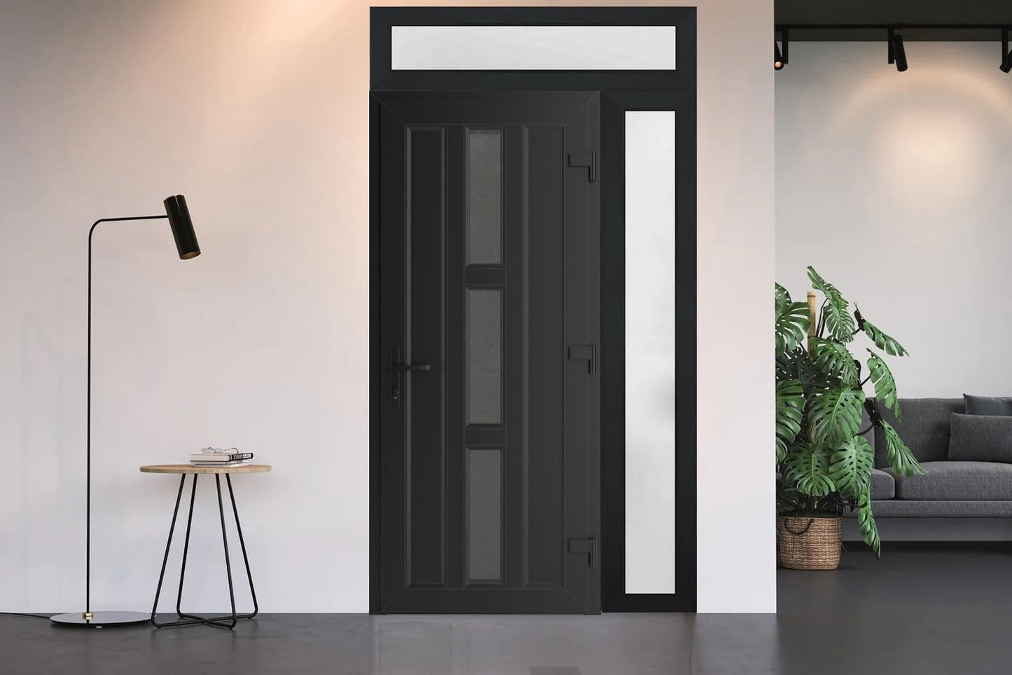 VDOMDOORS Front Exterior Prehung Metal-Plastic Door Frosted Glass | Manux 8112 Matte Black | Side, Top Sidelite Transom | Residential Doors Entrance Patio Garage 50 x 94 (W36+14 x H80+14) Left-Inswing