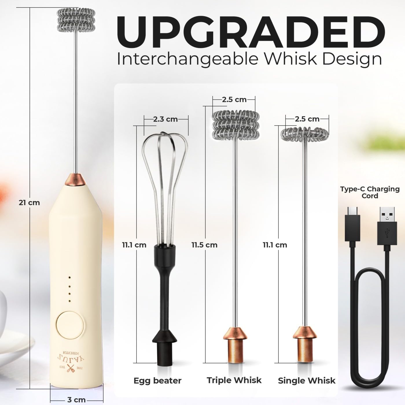 Zulay Kitchen Rechargeable Milk Frother - 3 Speeds & 3 Whisk Attachments - USB Charging for Lattes & Cappuccinos - Cream Copper