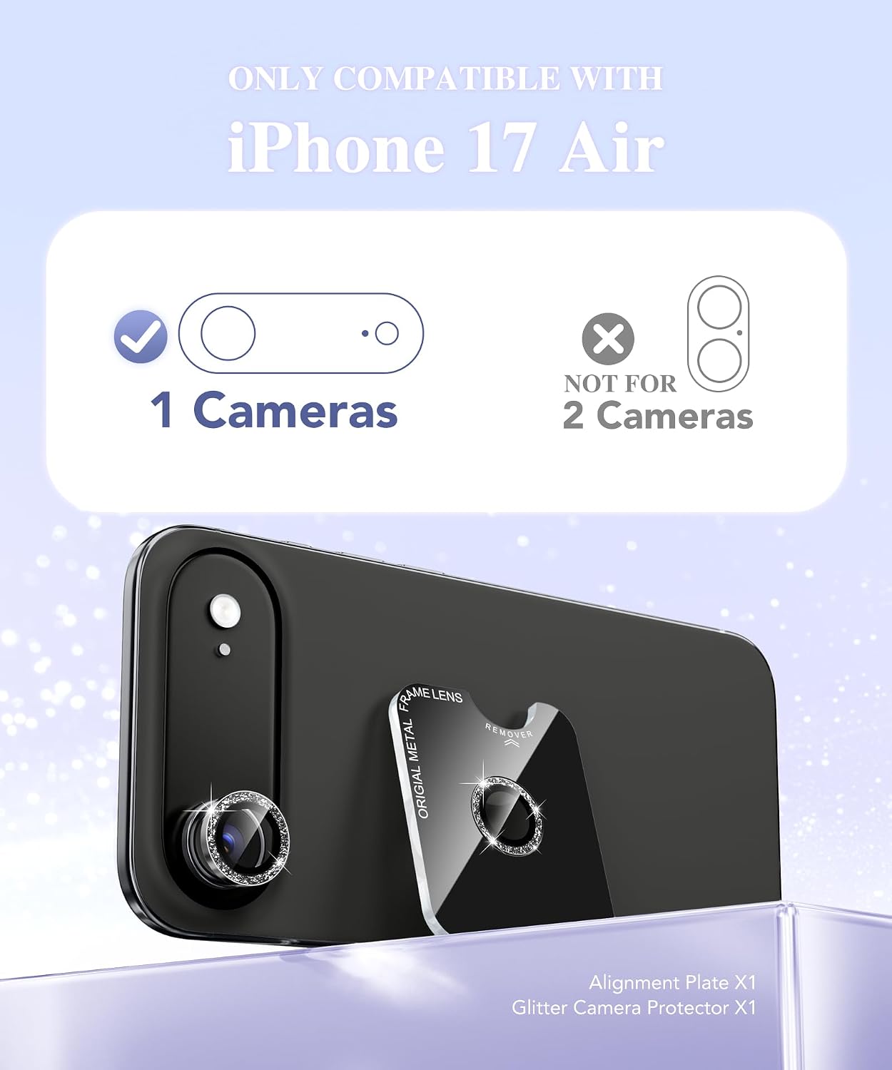 9H BERFY Camera Lens Protector for iPhone Air, Glitter Bling Aluminum Alloy Metal Ring, Tempered Glass Camera Cover