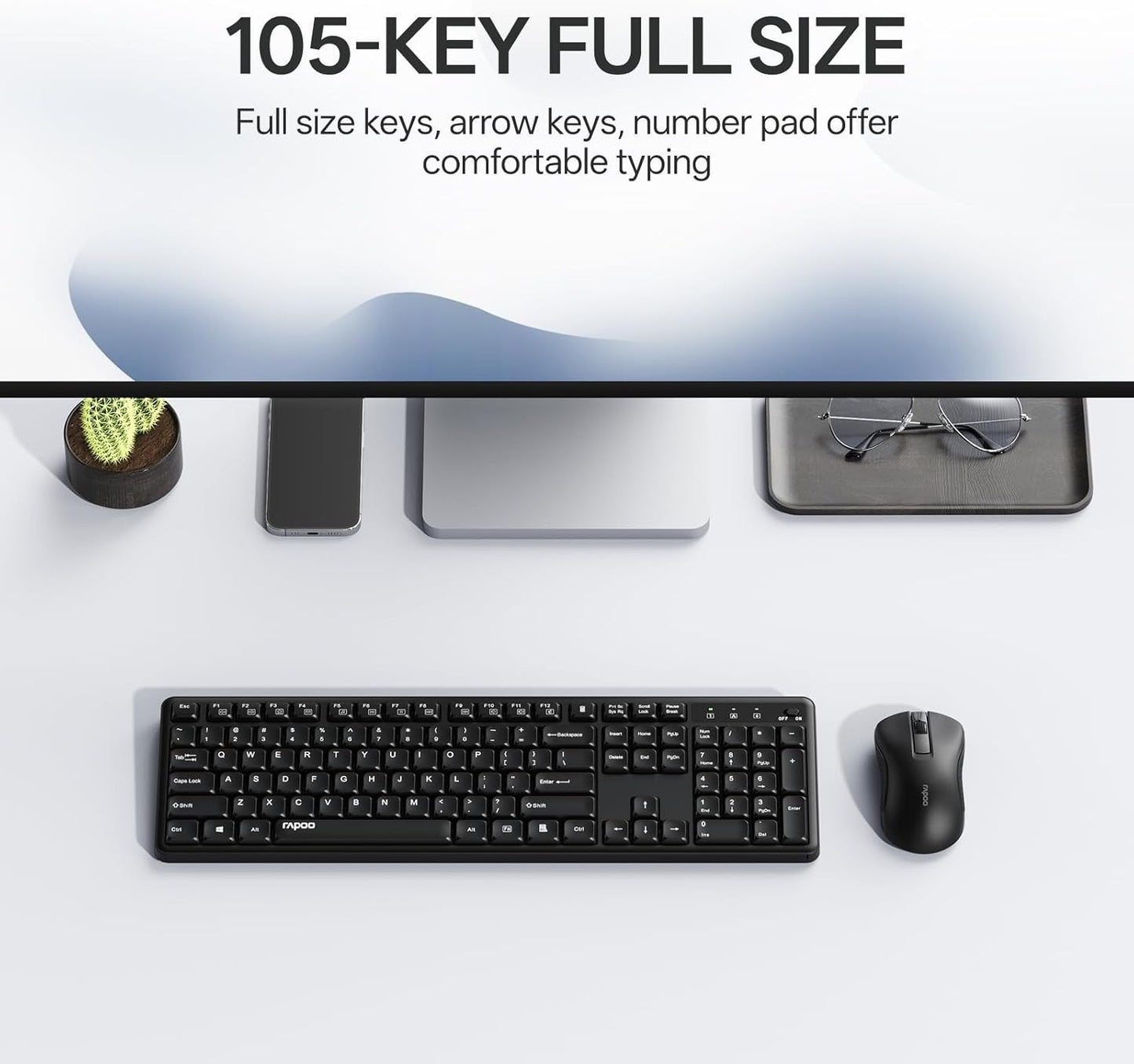 Rapoo X2100 2.4GHz 12 Quiet Wireless Keyboard and Mouse Combo, USB Receiver, Multimedia Keys, Spill-Proof, Full-Sized