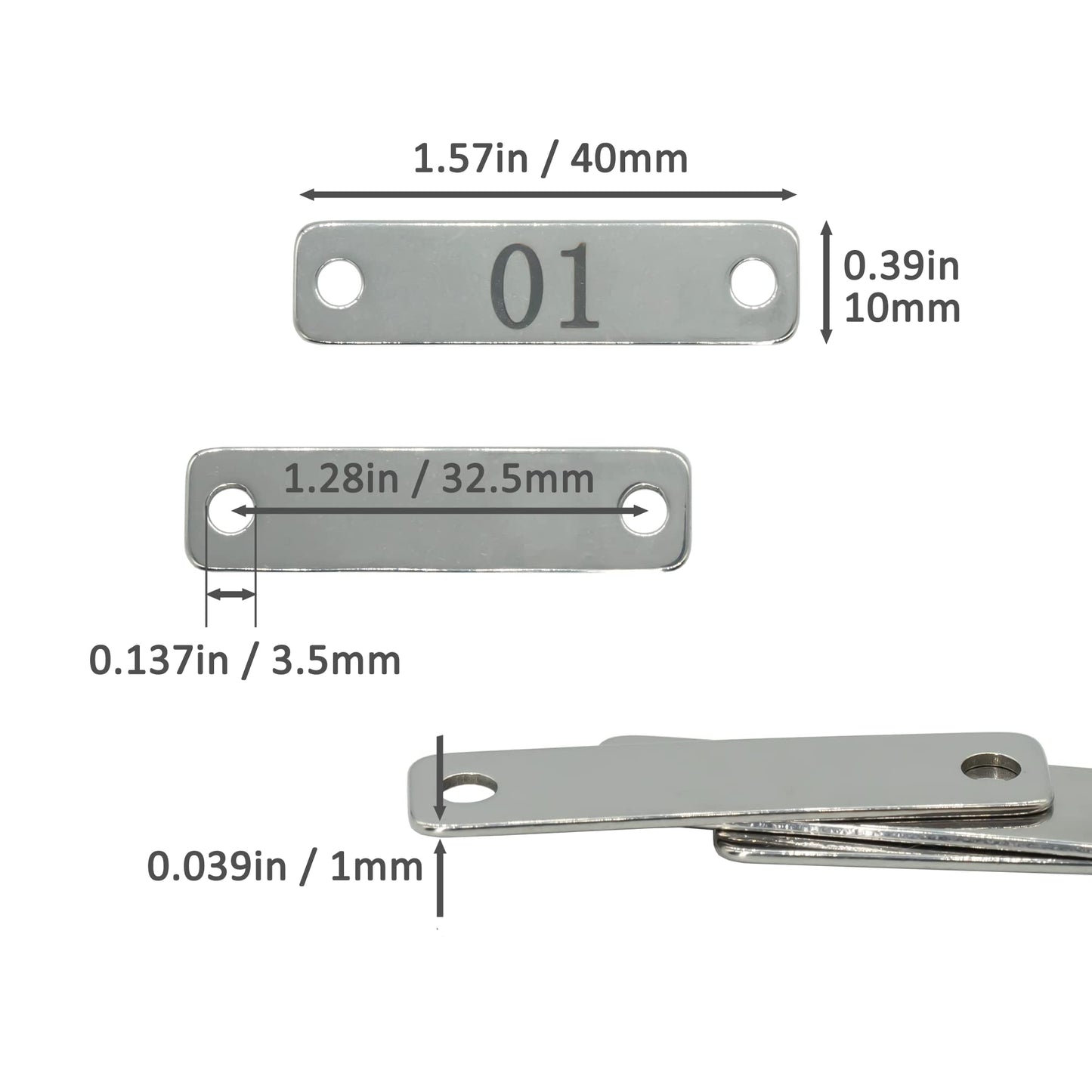 StayMax Small Stainless Steel Rectangle Numbered Tags with Two Holes 4cm*1cm (1-20)