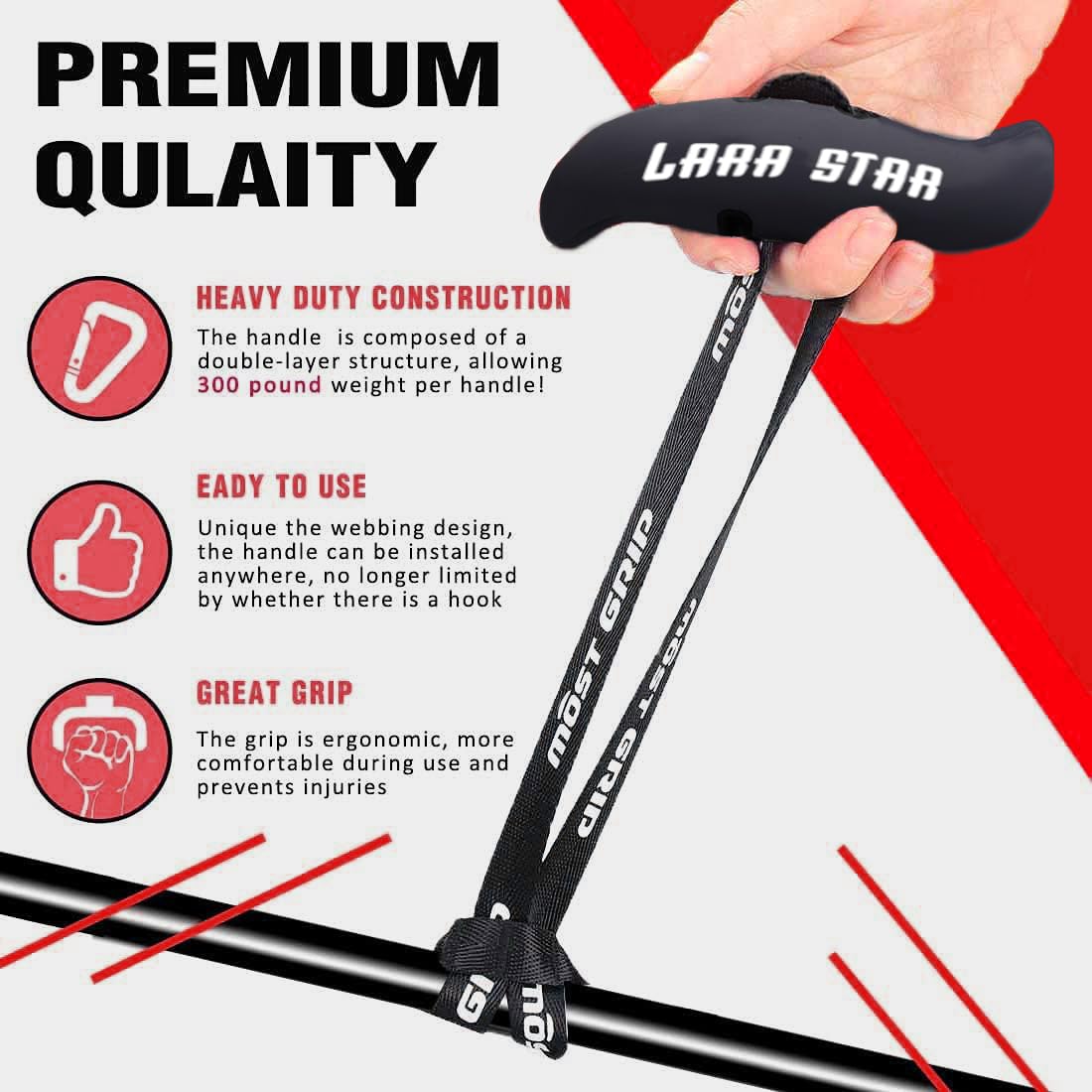LARA STAR Pull Up Handles Grips Fitness Strap Heavy Duty Cable Machine Training Grip Strength Sling Trainer for Home Gym Pull-up Bars Barbells and Pulling Machines Black (1 Pair)
