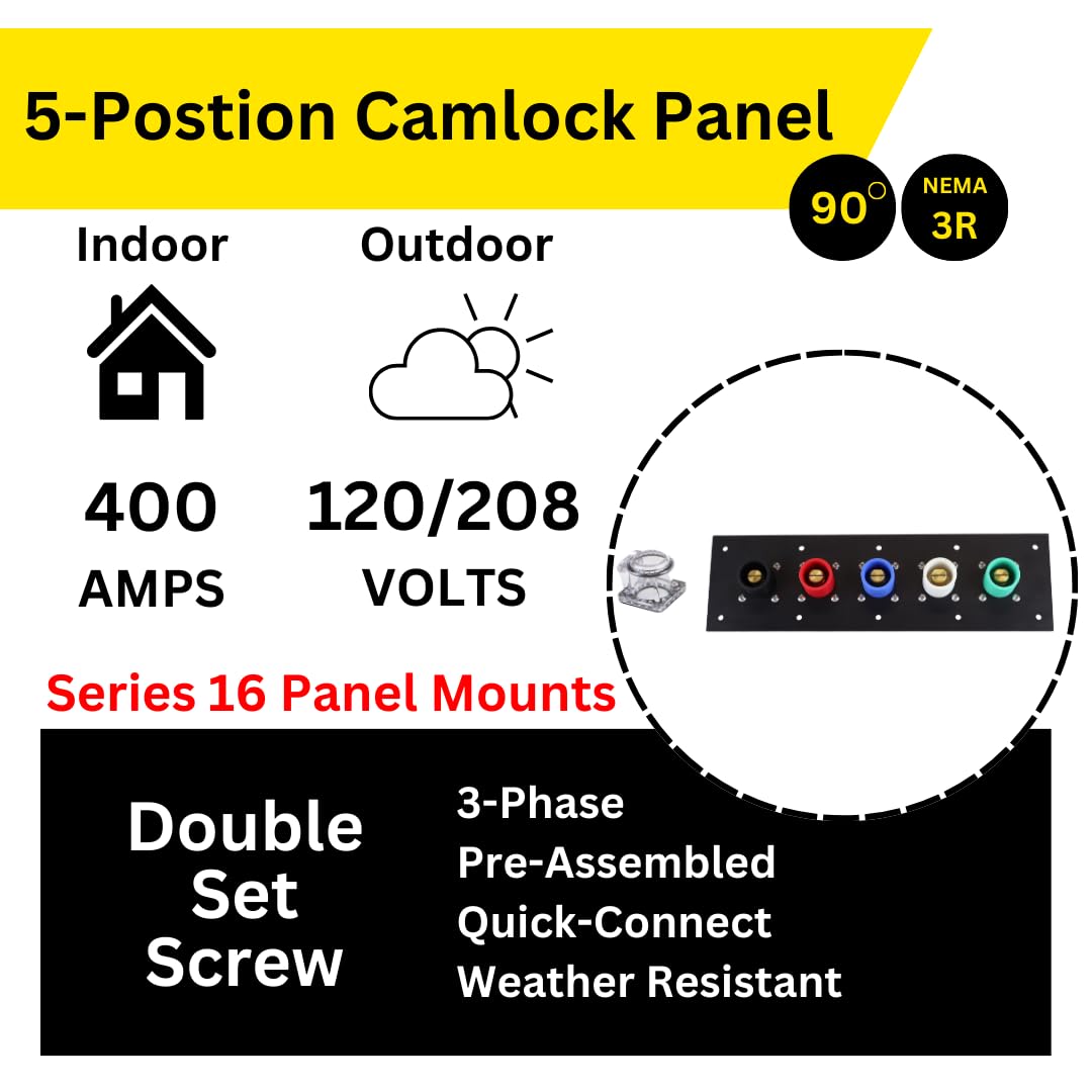 Power Assemblies 5 Position CAM Lock Panel, 400 Amp, 3 Phase 120/208V, Male, 90°, Double Set-Screw Connections with NEMA 3R Clear Snap-Back, Series 16 CAM Connectors, Power Distribution Panel