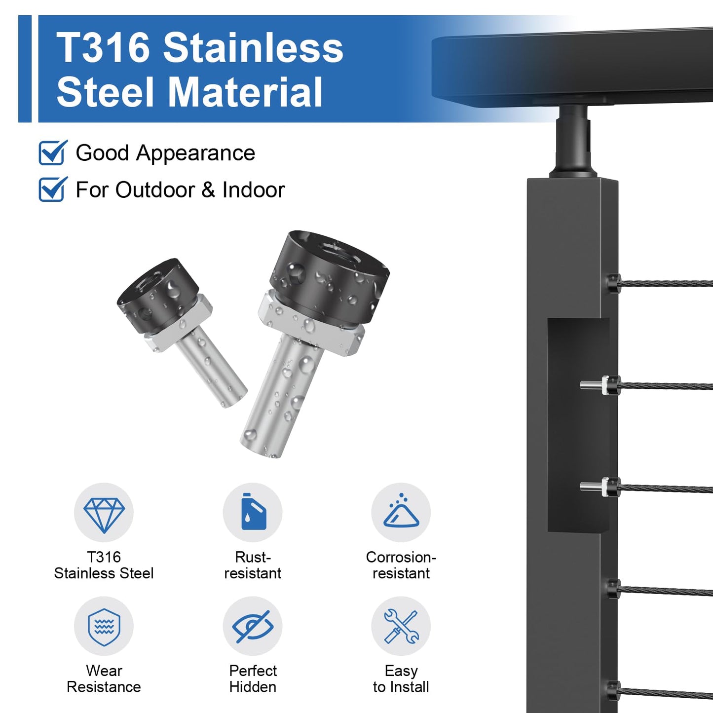 PLANTOP 36" Side Mount Cable Railing Post Kit, Included 2 Pack Level Drilled Fascia Mount Posts, 1/8" Invisible Cable Railing Anchor Terminal, Stainless Steel Handrail Deck Corner Post for Indoor Out