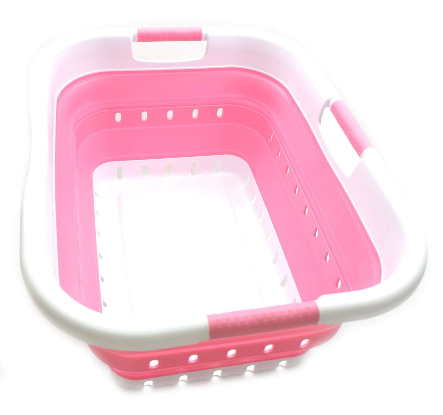 SAMMART 41L Collapsible 3 Handled Plastic Laundry Basket - Foldable Pop Up Storage Container/Organizer - Portable Basket - Space Saving Hamper/Basket (3 handled rectangular, White/Pink)