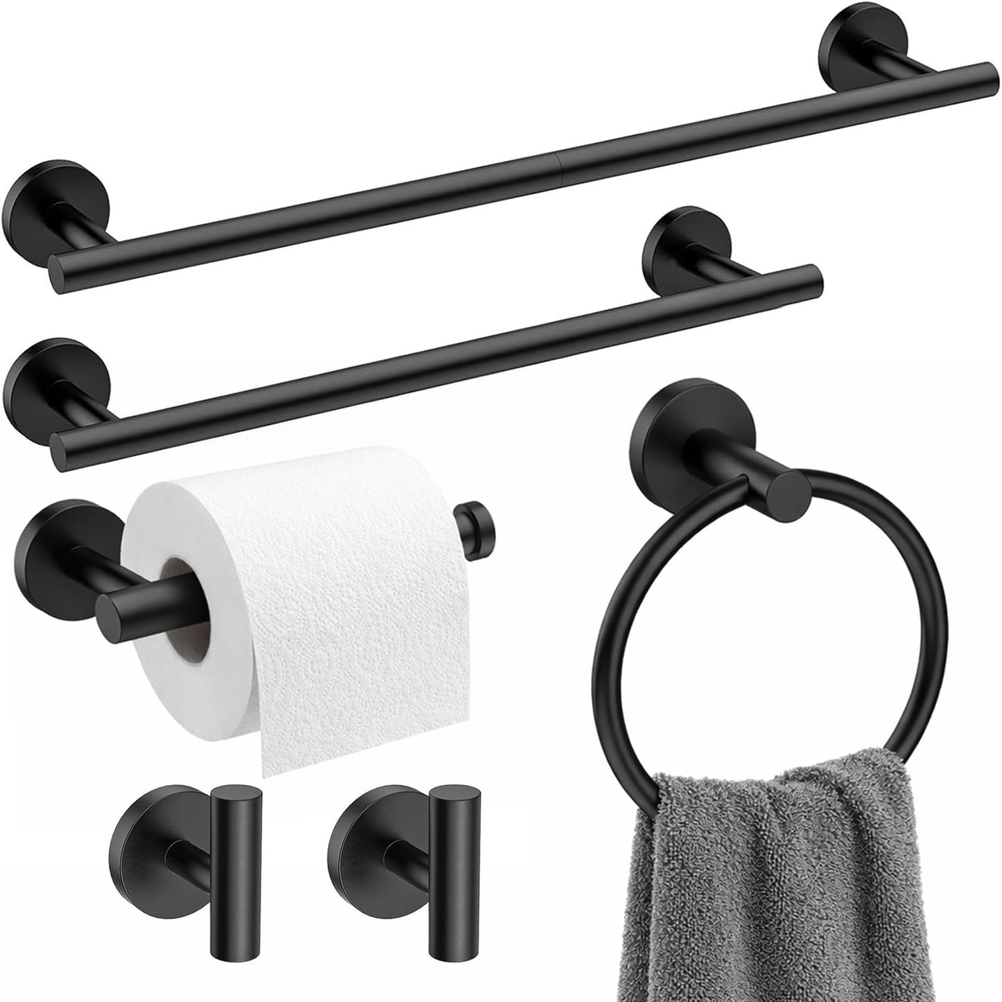 RoDzj Matte Black Bathroom Hardware Set 6-Piece, SUS304 Stainless Steel Bath Accessories Kit, Includes 24" & 16" Towel Bars, Toilet Paper Holder, Towel Ring, 2 Robe Hooks, Wall Mounted Round Style