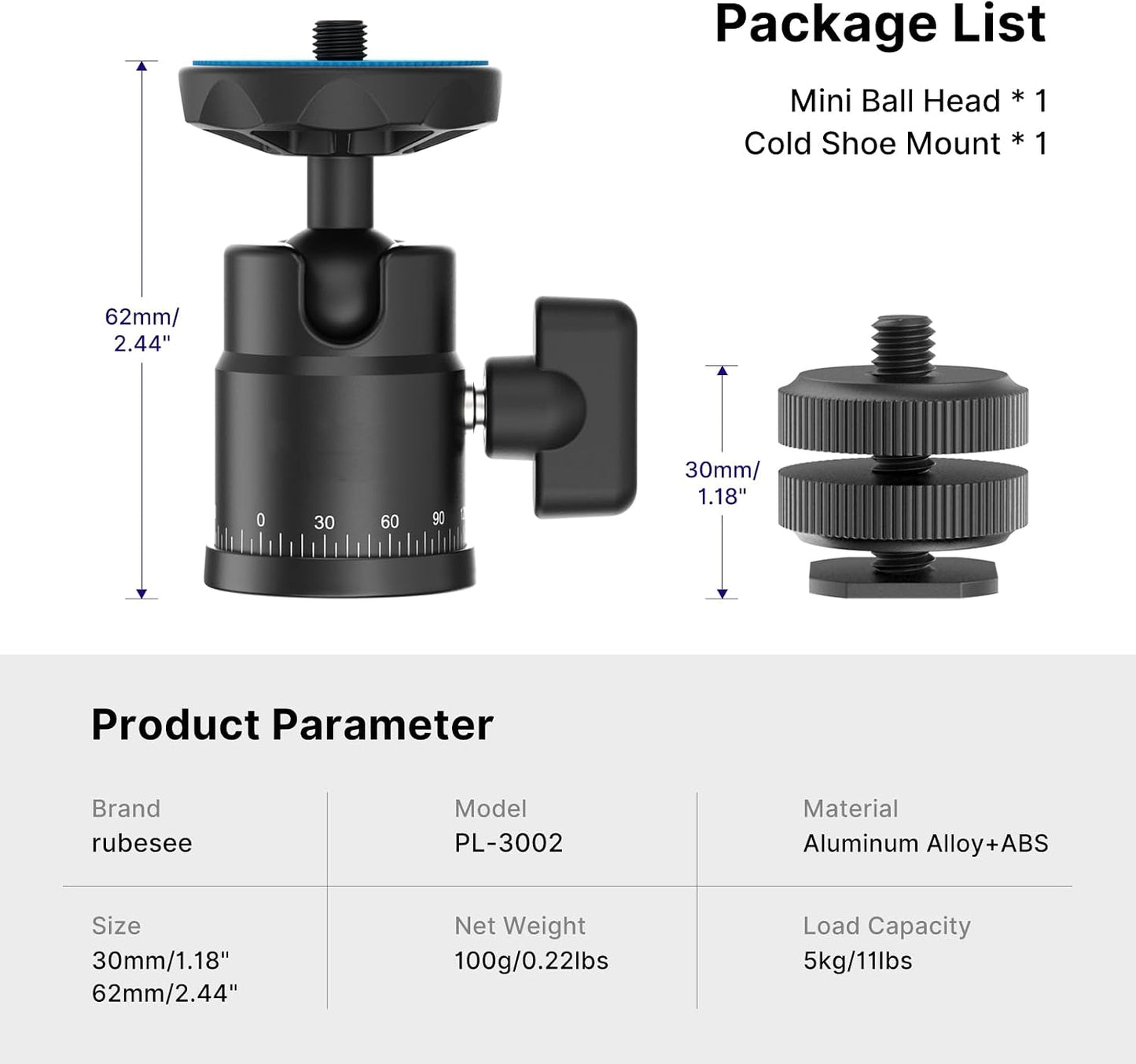 rubesee 1/4" 360 5.5lbs Mini Ball Head, Panoramic Camera Tripod Head with Screw Shoe Mount, Rotatable Metal Adapter