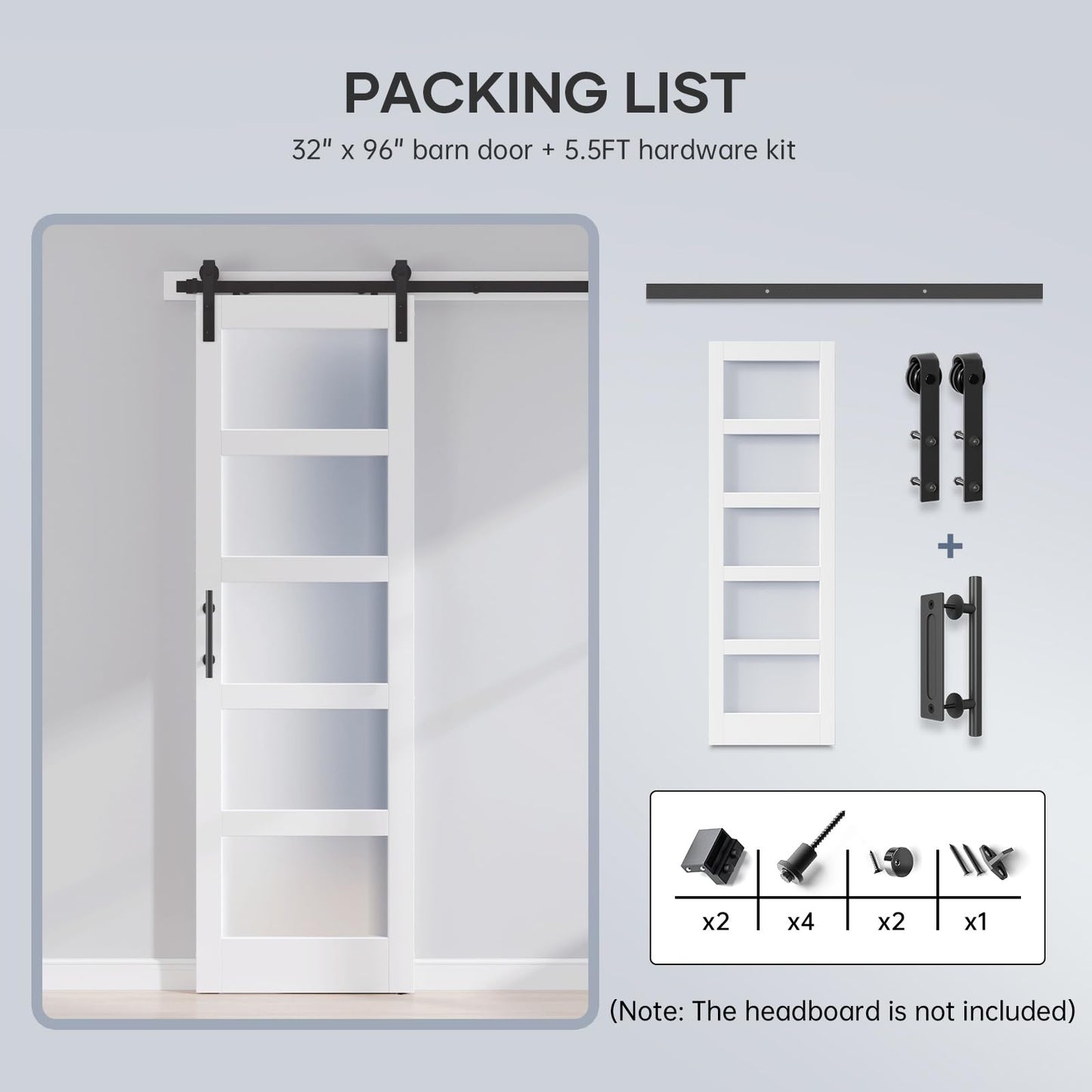 ROYMELO 32x96 Inch Glass Sliding Barn Door Slab and 5.5ft Hardware Kit Included, 5 Frosted Glass, LVL Wood Panel Covered with White Water-Proof Scratch-Proof PVC Surface, Simple DIY Assembly