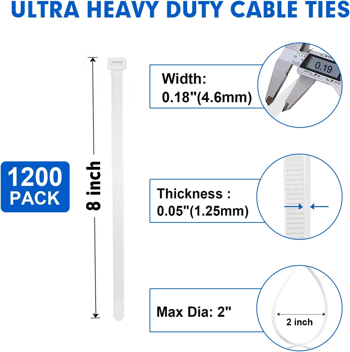 1200pcs 8 Inch, 50lb Zip Ties, RAZCC Cable Zip Ties Heavy Duty White Plastic Wire Ties with Tensile Strength