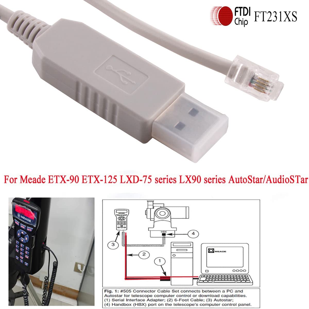 RJ9 RS232 #505 ETX127 ETX125 ETX-90 LXD75 LX80 LX90 LX65 (Length:10FT) usangreen USB to Autostar Audiostar Interface