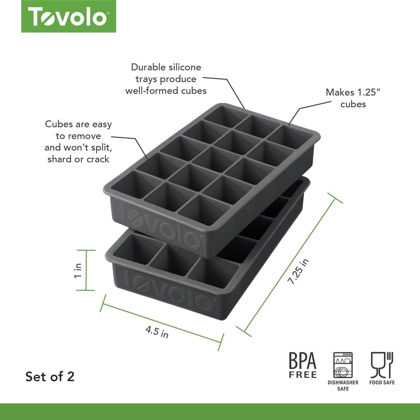 Tovolo Silicone Ice Cube Tray Charcoal Gray Pack of 2 BPA Free Ice Tray Mold for Coffee Drinks Cocktails, Dishwasher Safe Easy Release Perfect 1 Inch Cube Ice Tray for Whiskey Bourbon Spirits