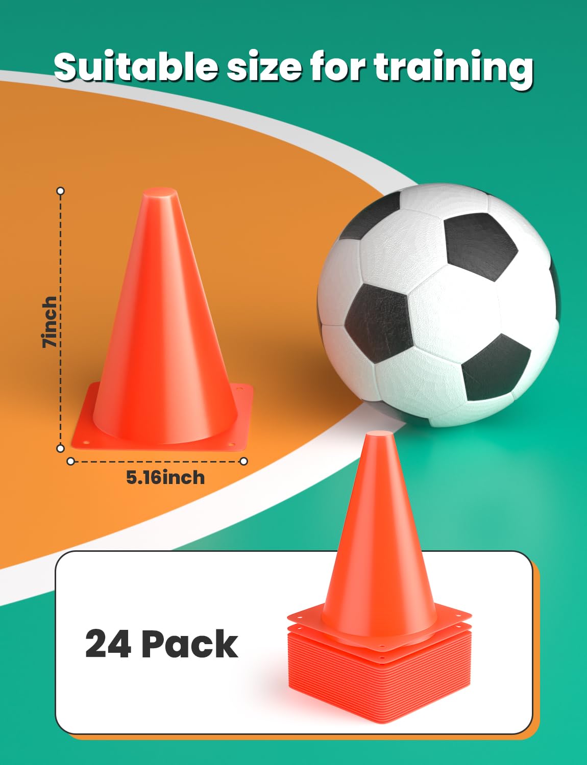 GHB Soccer Cones 7" 9" of 12 24 Pack Disc Soccer Sport Cones Training Field Marker Agility Cones for Basketball, Coaching, Practice Equipment Includes Drills Guide (7" 24Pcs Orange)