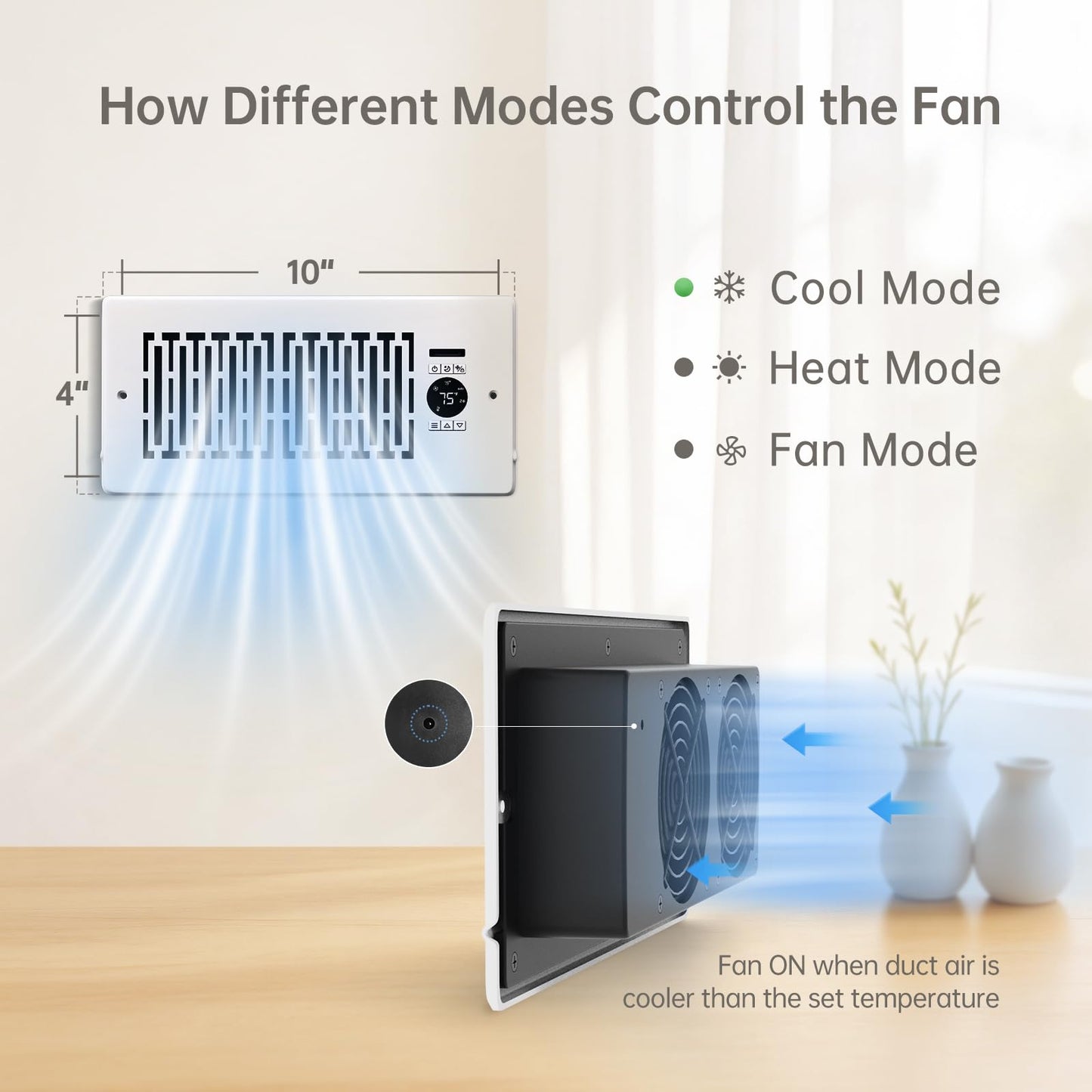 MOTCTQVD 2-Pack Smart Register Booster Fan Fits 4" x 10" Register Holes, 10-Speed Quiet Vent Fan Booster, Smart Thermostat Control for Improves Heating and Cooling with Remote for Floor or Wall Vents