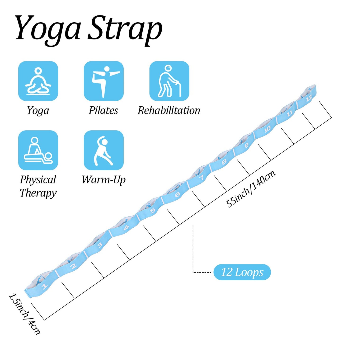 Elastic Yoga Stretching Strap with 12 Loops, Multi-Functional Stretch Band for Pilates with 12 Loops, Stretch band Yoga Strap with Loop for Dance, Gymnastics, Flexibility & Resistance Training, Ballet