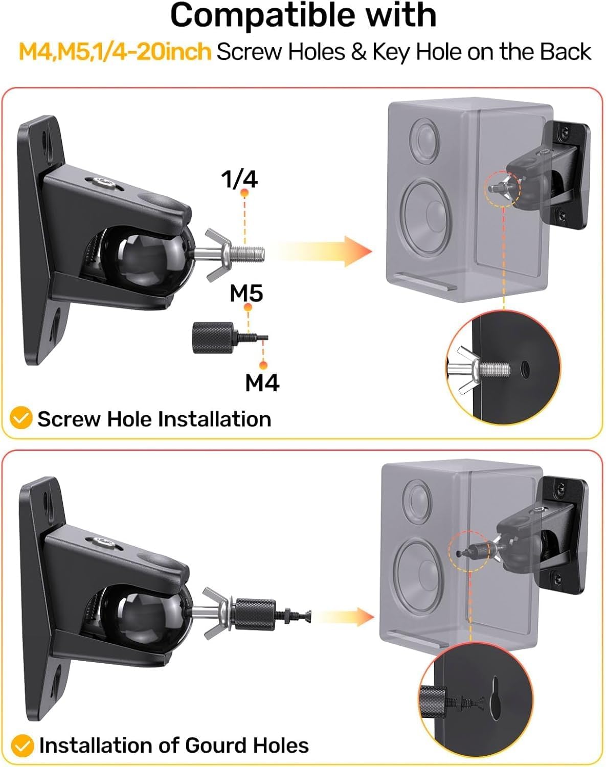 jidinung Keyhole/1/4-20 4&5mm, q990d,JBL,Sony,Roku 360 11lbs Speaker Wall Mount with Threads Universal Satellite Rear