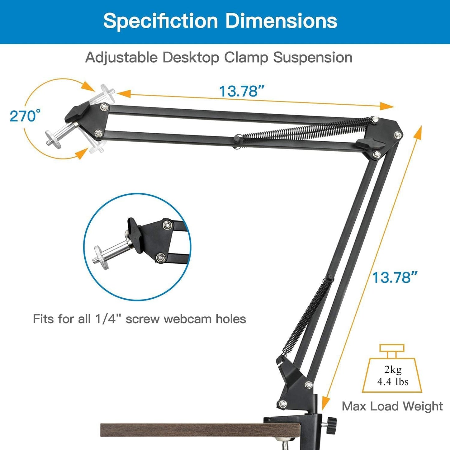 Etubby C920 C930 C922 C615, 1/4" Webcam Stand Desktop Adjustable Suspension Boom Scissor Arm Camera Clamp Webcam Mount