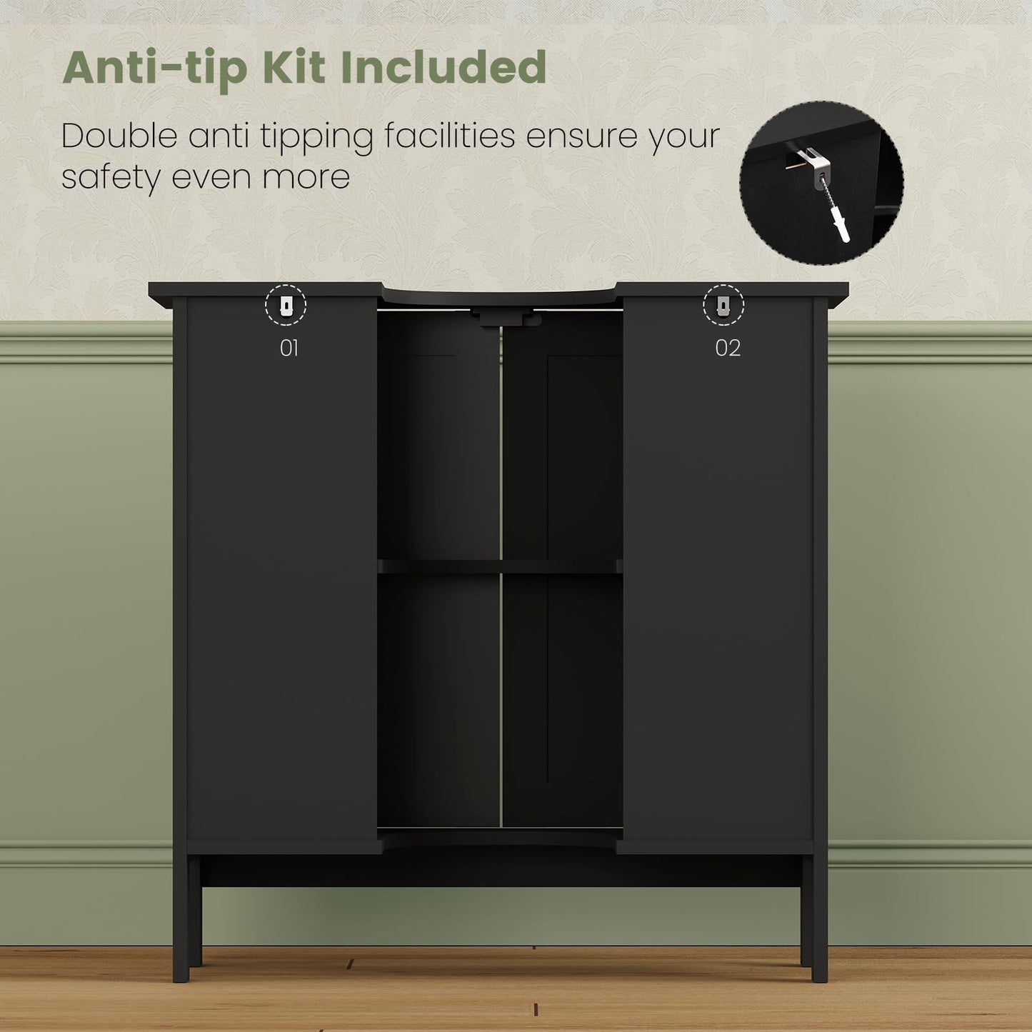 Iwell Pedestal Sink Storage Cabinet with 2 Doors and Shelf, Under Sink Cabinet, Bathroom Sink Cabinet with U-Shape, Black
