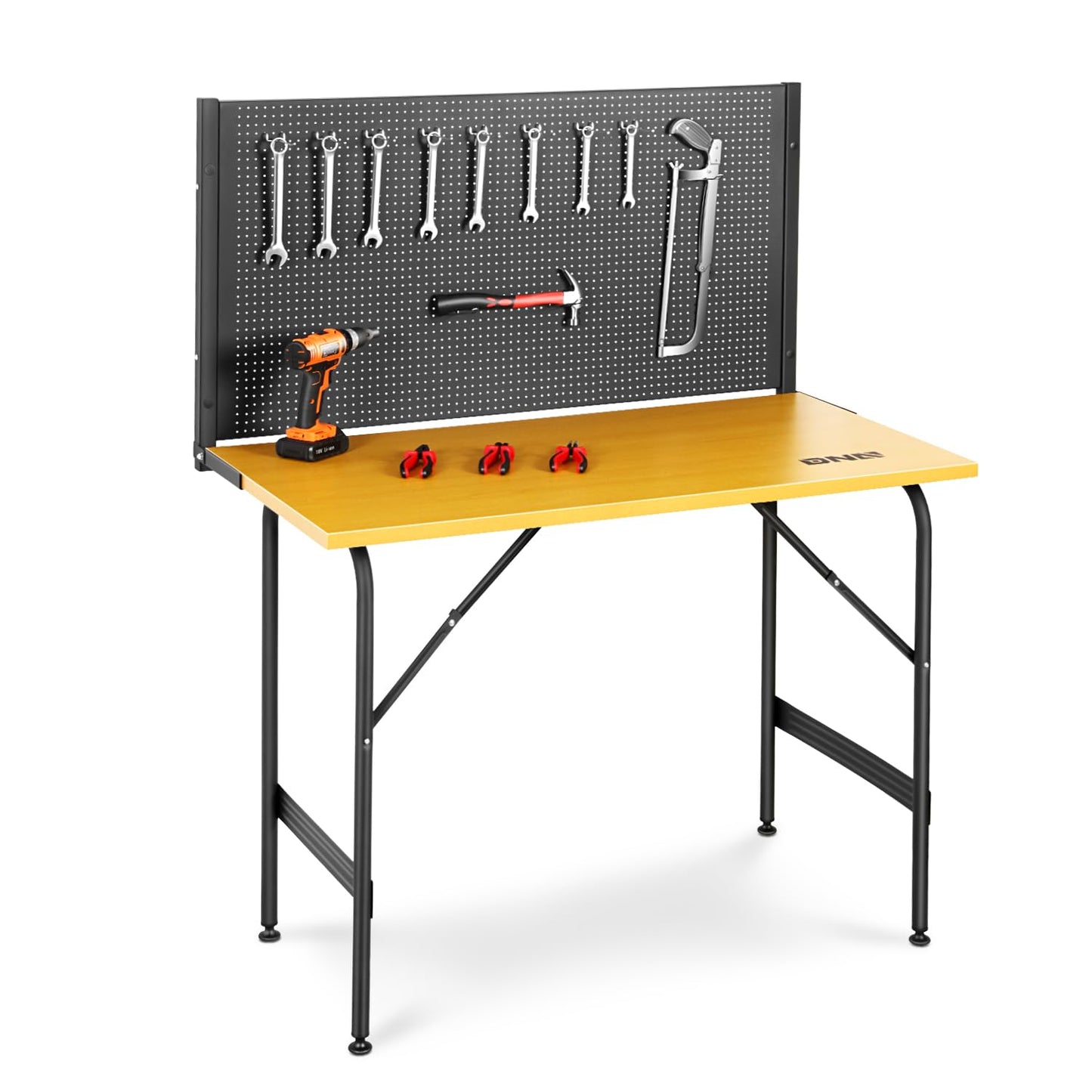 DNA MOTORING 46'' Heavy Duty Work Bench, Hardwood Workbench with Pegboard, Work Table for Garage, Woodworking Shop, Office, Home, w/ 20pcs Multifunctional Hooks, TOOLS-00457