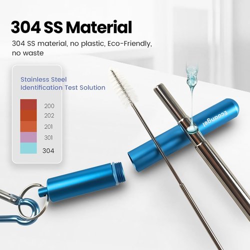 Ecoangel Reusable Collapsible Stainless Steel Drinking Straws - 4-Pack with Case & Cleaning Brush | Silver, Blue, Red, Green