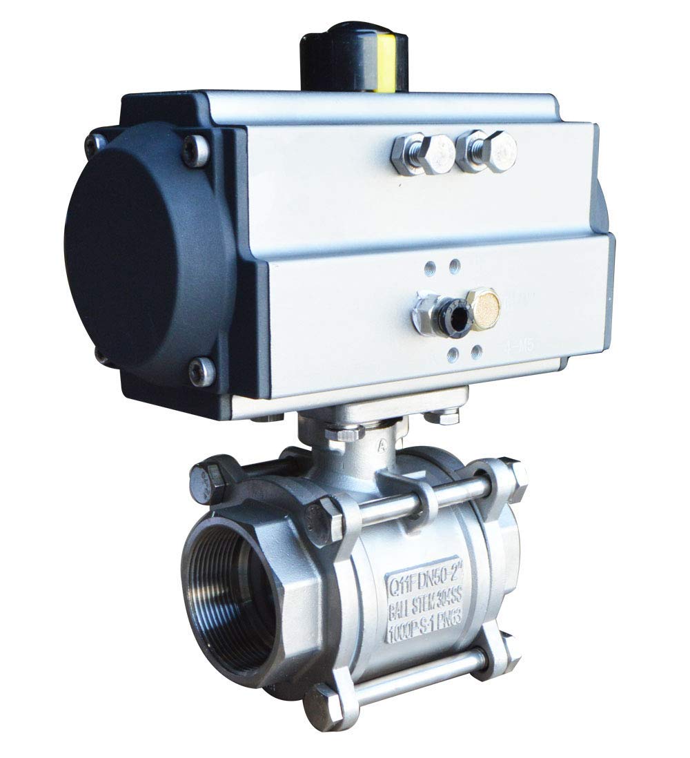 INTSUPERMAI Three-Piece 2inch Pneumatic Actuated Ball Valve Single Acting Globe Threaded 304 Stainless Steel for Automatic Control System