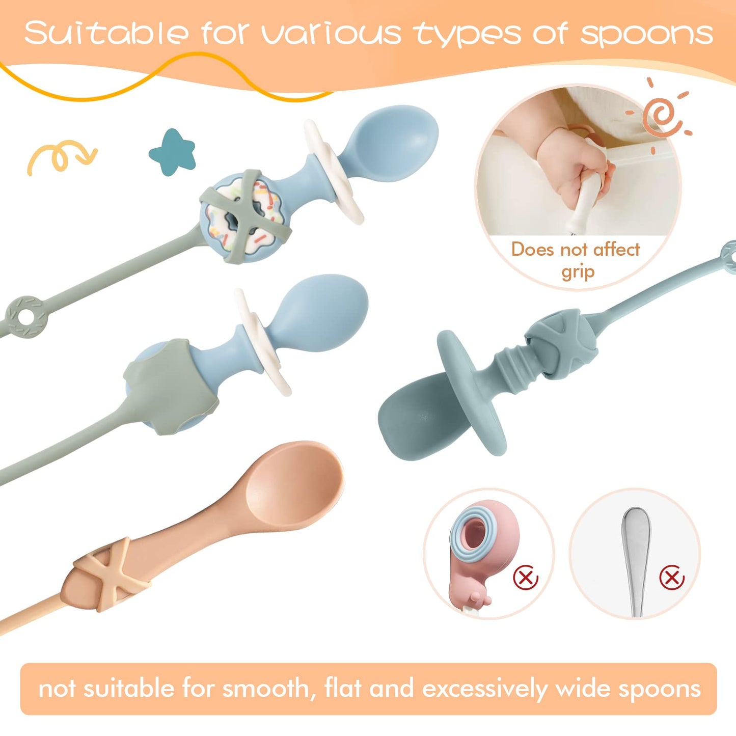 SMAutoLife Toddler Utensils，Silicone Stretch Lids for fork and spoon,Holder Strap Food Grade Silicone Keep Fork and Spoon Off The Floor Great for Baby and Kids Dishwasher Safe （Apricot and Orange)