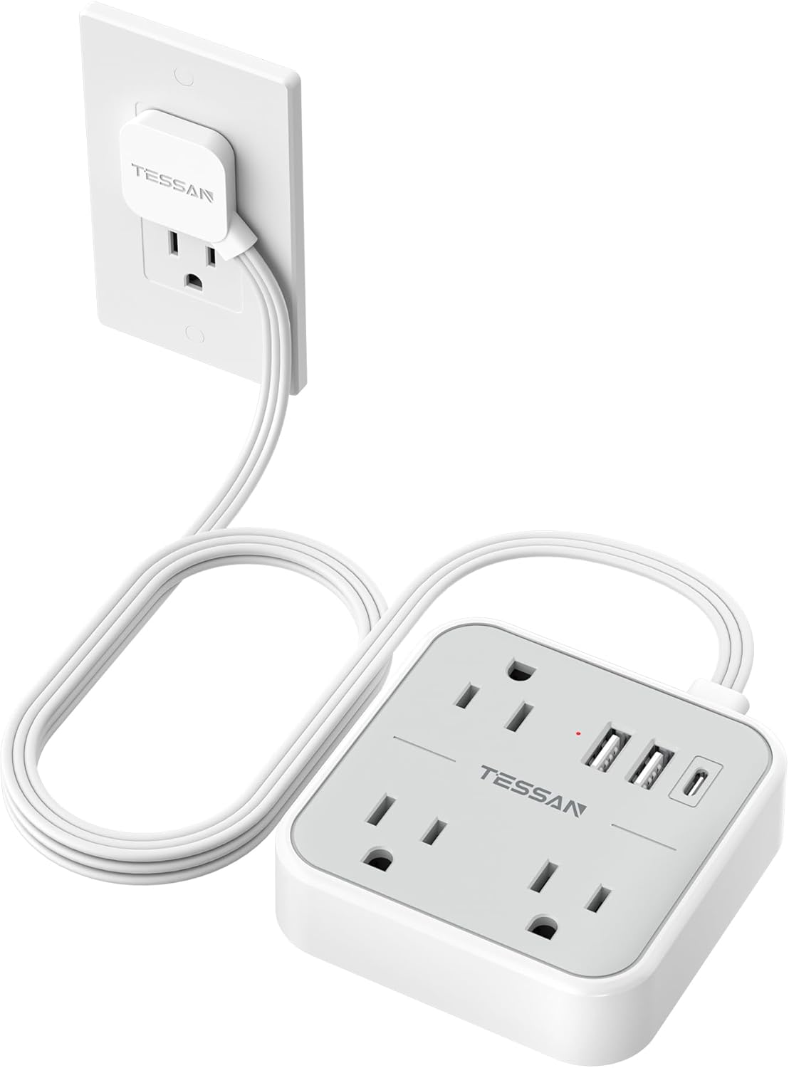 TESSAN 5 (1 3 Ultra Thin Flat Extension Cord FT, Slim Power Strip with USB Ports USB C), Surge Protector Flat Plug Wall