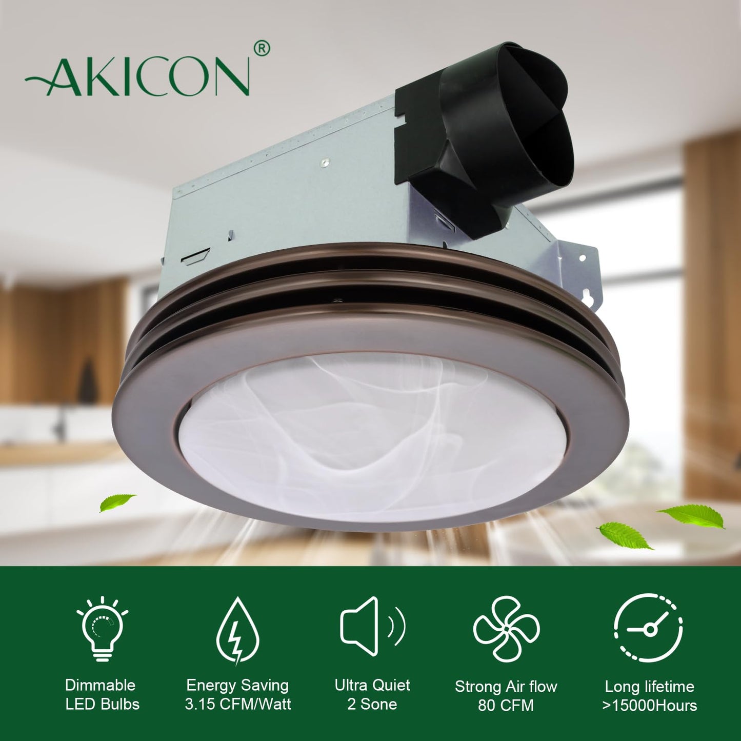 Akicon Ultra Quiet Bathroom Exhaust Fan with LED Light 80CFM 2.0 Sones Round Bathroom Ventilation Fan with Frosted Glass Cover (Oil Rubbed Bronze)