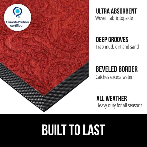 GORILLA GRIP 100% Waterproof Doormat - All-Season WeatherMAX, Stain & Fade Resistant, 35x23, Red Vintage Wine